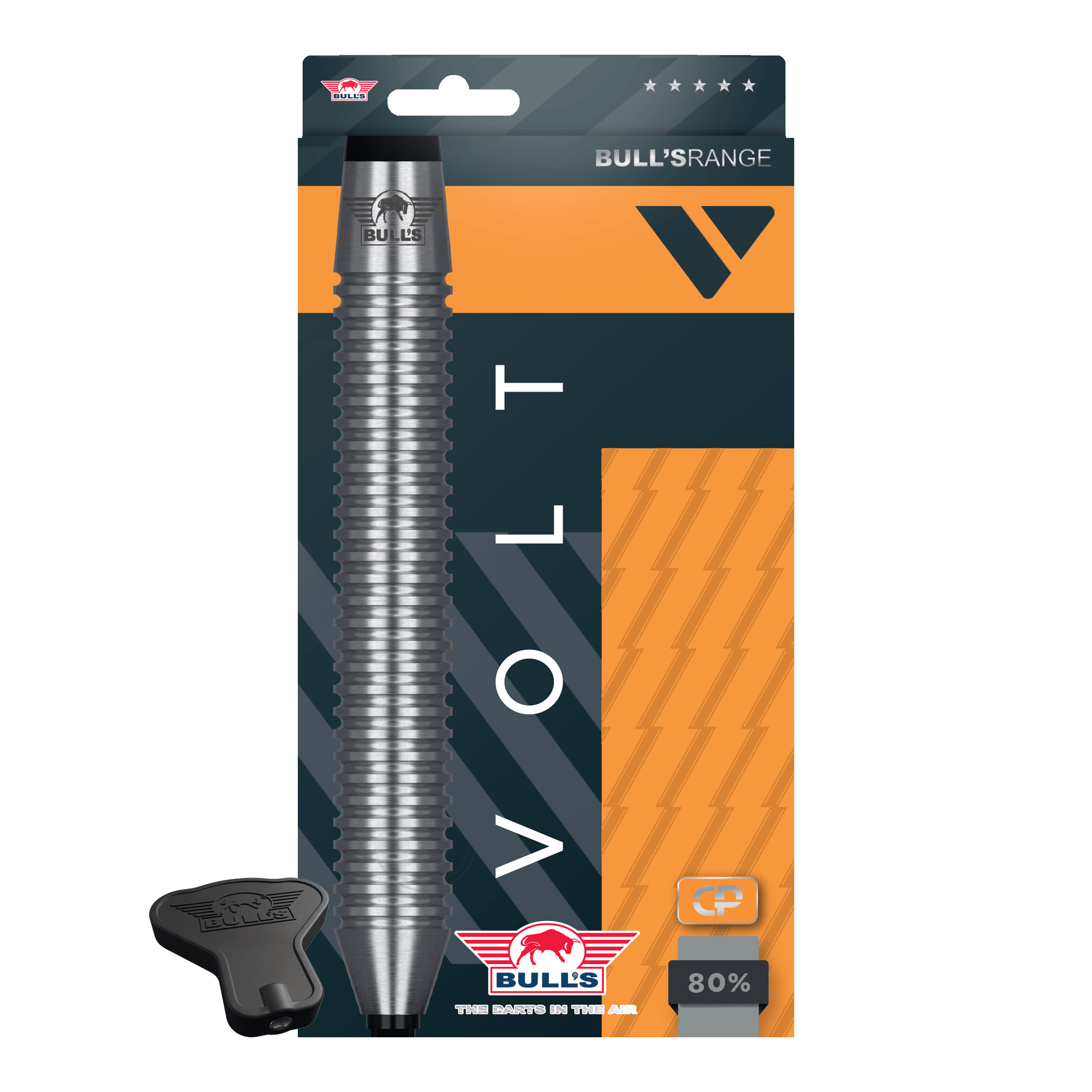 Das Produkt zeigt Bulls NL Volt Orange Convertible Point Steeldarts. Hier ist das Set aus einer weiteren Perspektive.