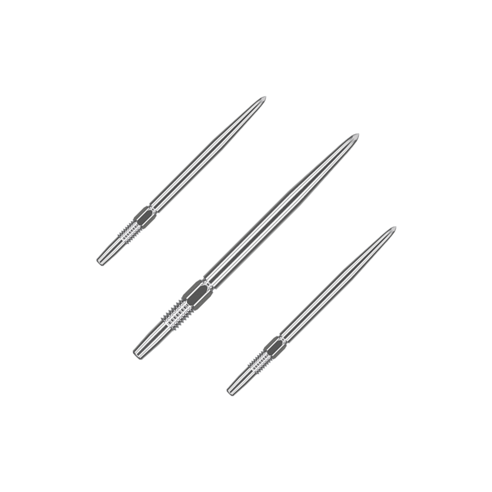 Target Swiss Point Silver dart tips Das Bild zeigt drei silberne Dartspitzen, die nebeneinander liegen. Sie sind lang und haben an einem Ende eine strukturierte Griffzone.