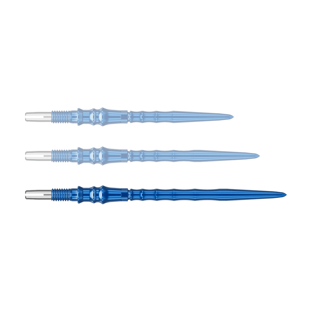 Target Japan Premium Swiss Point Dart Tips - Blue Das Bild zeigt eine blaue Dartspitze. Die Spitze ist 40 mm lang.