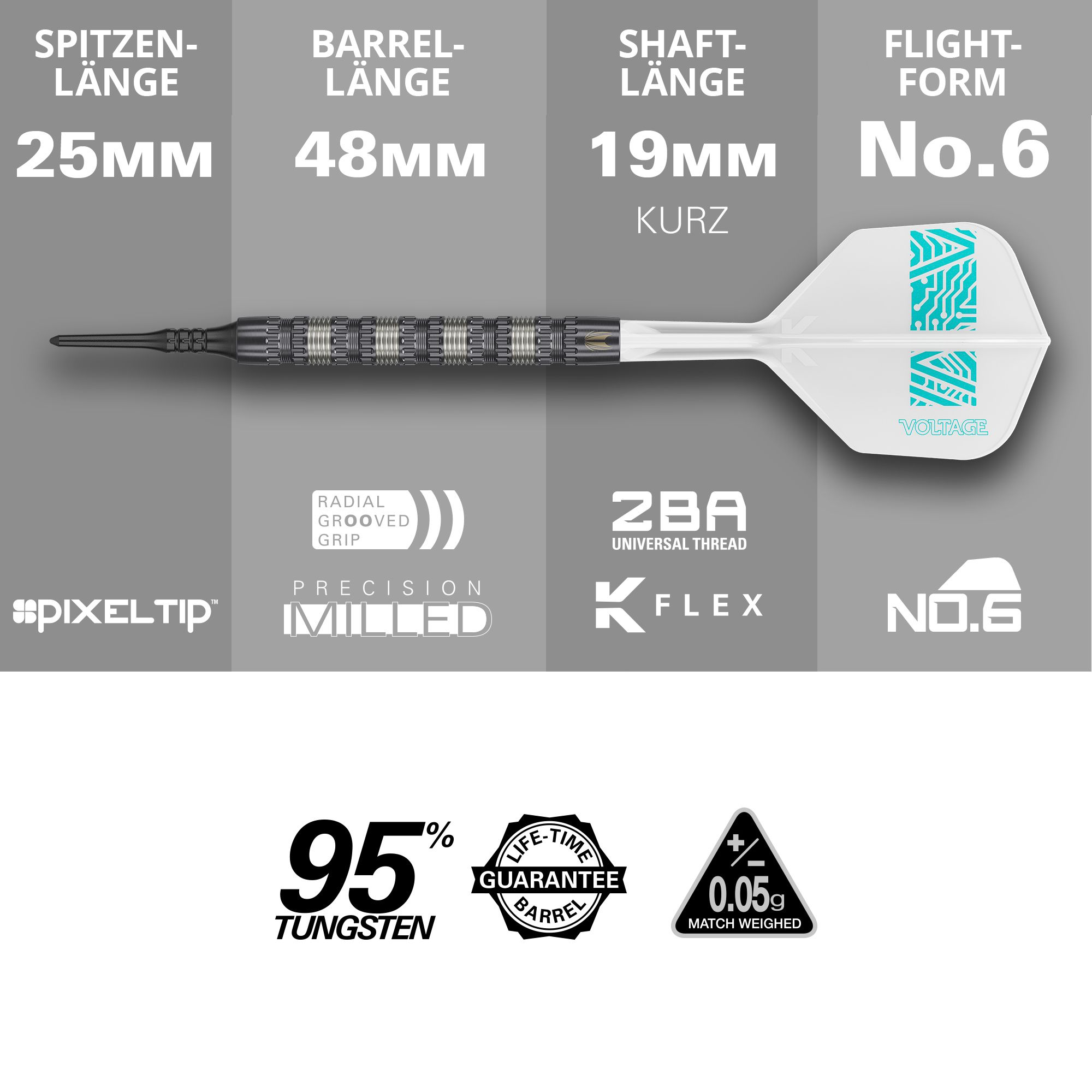 Target Rob Cross 95K Swiss Point Soft Darts - 18g Das Bild zeigt den Target Rob Cross 95K Swiss Point Softdart mit 18 Gramm Gewicht. Es werden die Längen der Spitze, des Barrels, des Schafts und der Flight-Form sowie wichtige Merkmale wie 95% Tungsten und lebenslange Garantie hervorgehoben.