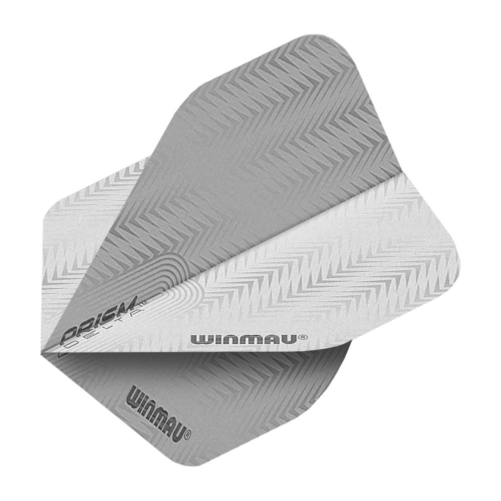 6915-204_Winmau_Prism_Delta_6915-204_Standard_Flights_2 Das Bild zeigt das Produkt "Winmau Prism Delta 6915.204 Standard Flights". Die Flights sind silbergrau mit einem Zickzackmuster und dem Winmau-Logo bedruckt.