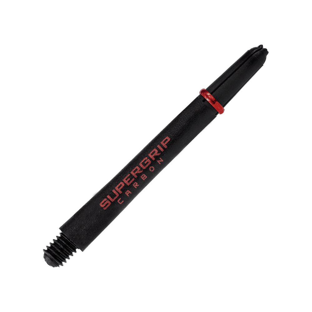 HR359_Harrows_Supergrip_Carbon_Shafts_Rot_47mm_2 Das Bild zeigt einen Harrows Supergrip Carbon Shaft in Rot. Die Beschriftung "SUPERGRIP CARBON" ist deutlich auf dem schwarzen Schaft zu sehen.