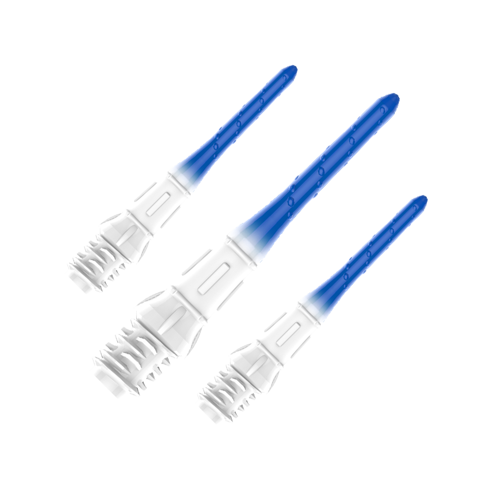 L-Style Premium Lippoint Gradiation Dart Tips (Pack of 30) Das Bild zeigt vier Dartspitzen mit einem Farbverlauf von Weiß zu Blau. Sie sind ordentlich in einer Kunststoffhalterung angeordnet.