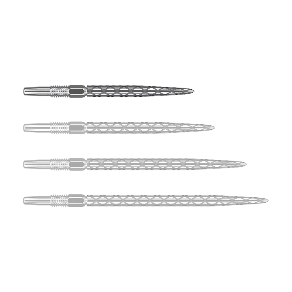 Target Swiss Diamond Pro Silver Points dart tips Das Bild zeigt vier silberne Dartspitzen mit einem rautenförmigen Muster. Sie sind nebeneinander auf weißem Hintergrund angeordnet.