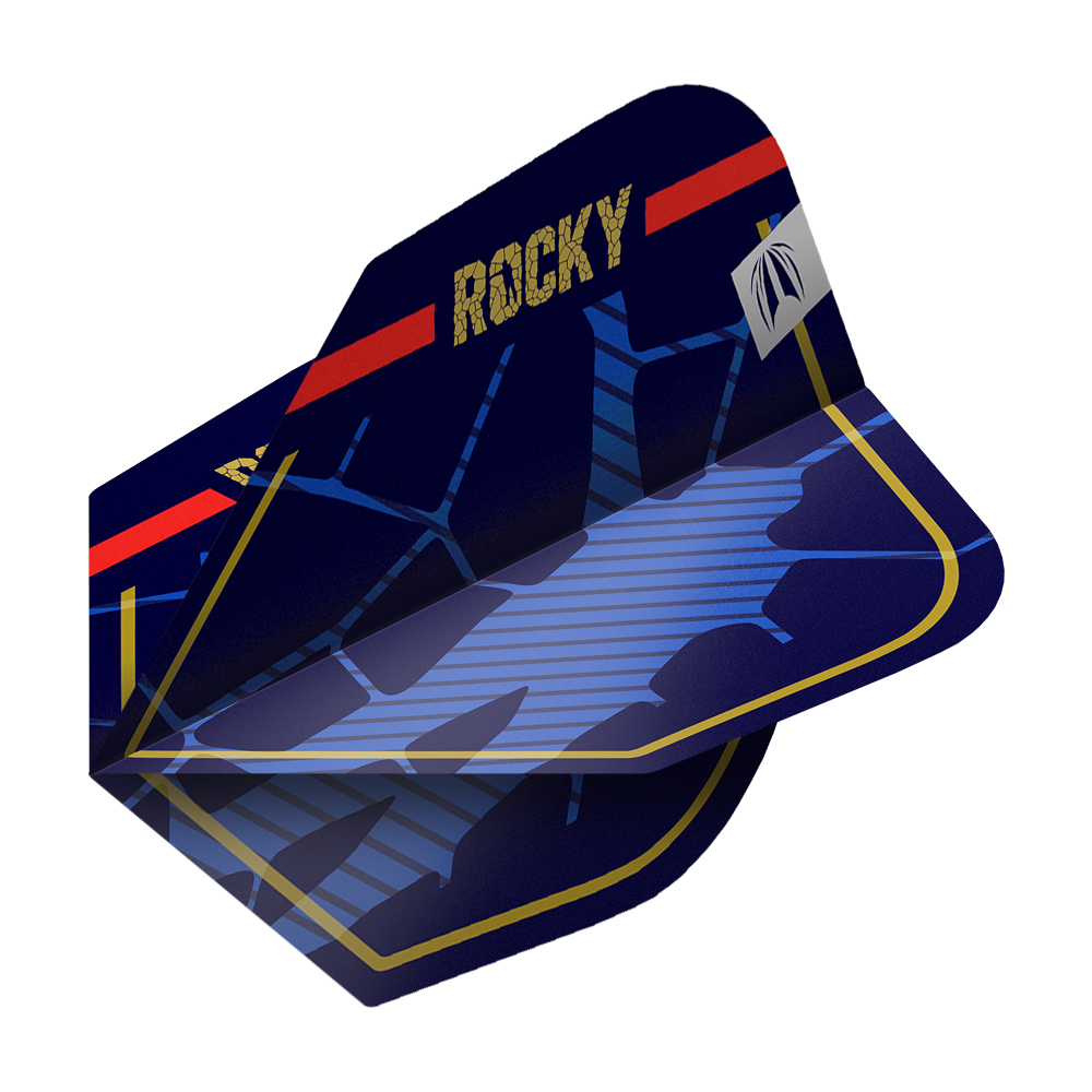 Target Pro Ultra Josh Rock GEN1 No6 Flights - 3 Sets Das Bild zeigt das Produkt "Target Pro Ultra Josh Rock GEN1 No6 Flights - 3 Sets". Die Dartflights sind dunkelblau mit goldener Umrandung, rotem Streifen und der Aufschrift "ROCKY".