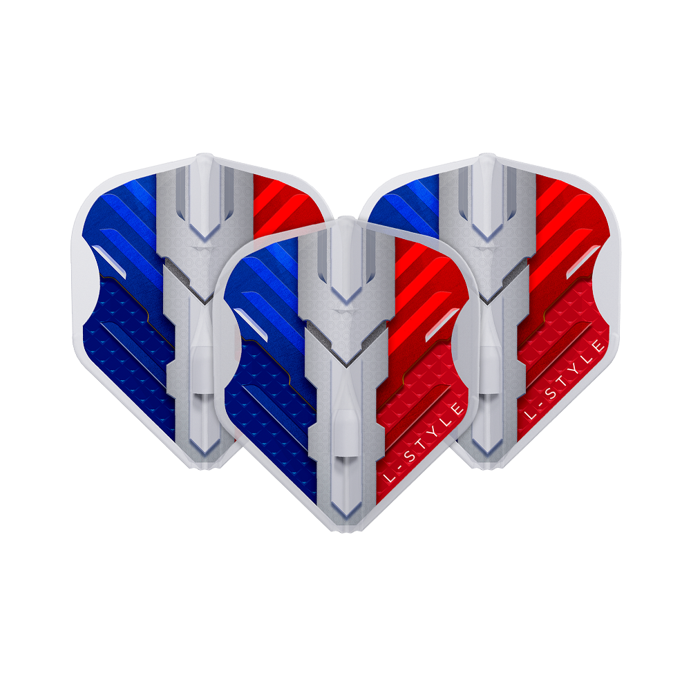 L-Style V-Series V1 Type B France Clear White L1EZ Flights Das Bild zeigt drei Dartflights in den Farben Blau, Weiß und Rot, die die französische Flagge darstellen. Auf den Flights steht der Markenname "L-Style" und sie haben ein modernes, technisches Design.