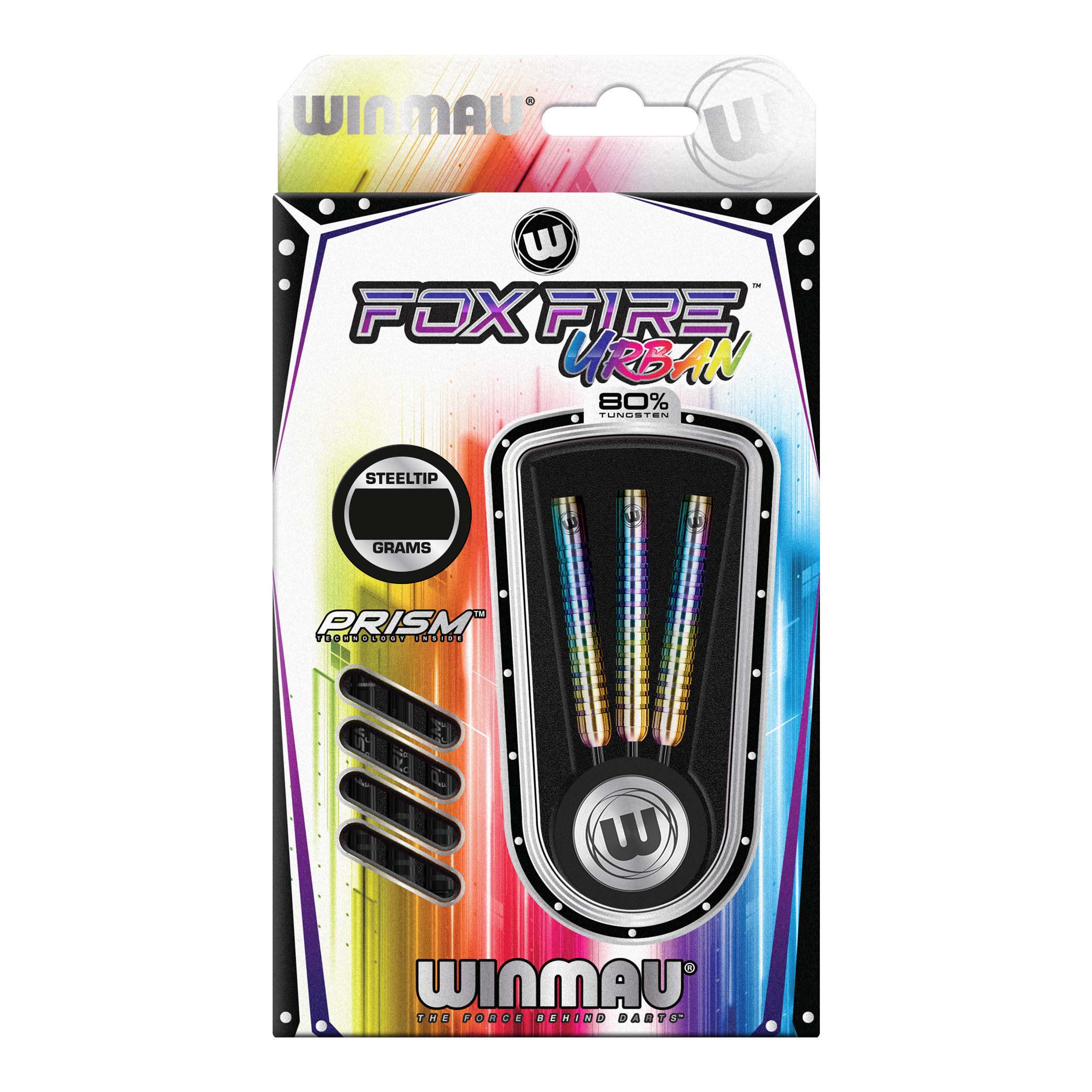 Winmau Foxfire Urban steel darts Das Bild zeigt die Verpackung der "Winmau Foxfire Urban Steeldarts". Die Darts haben ein buntes Design und bestehen zu 80 % aus Wolfram.