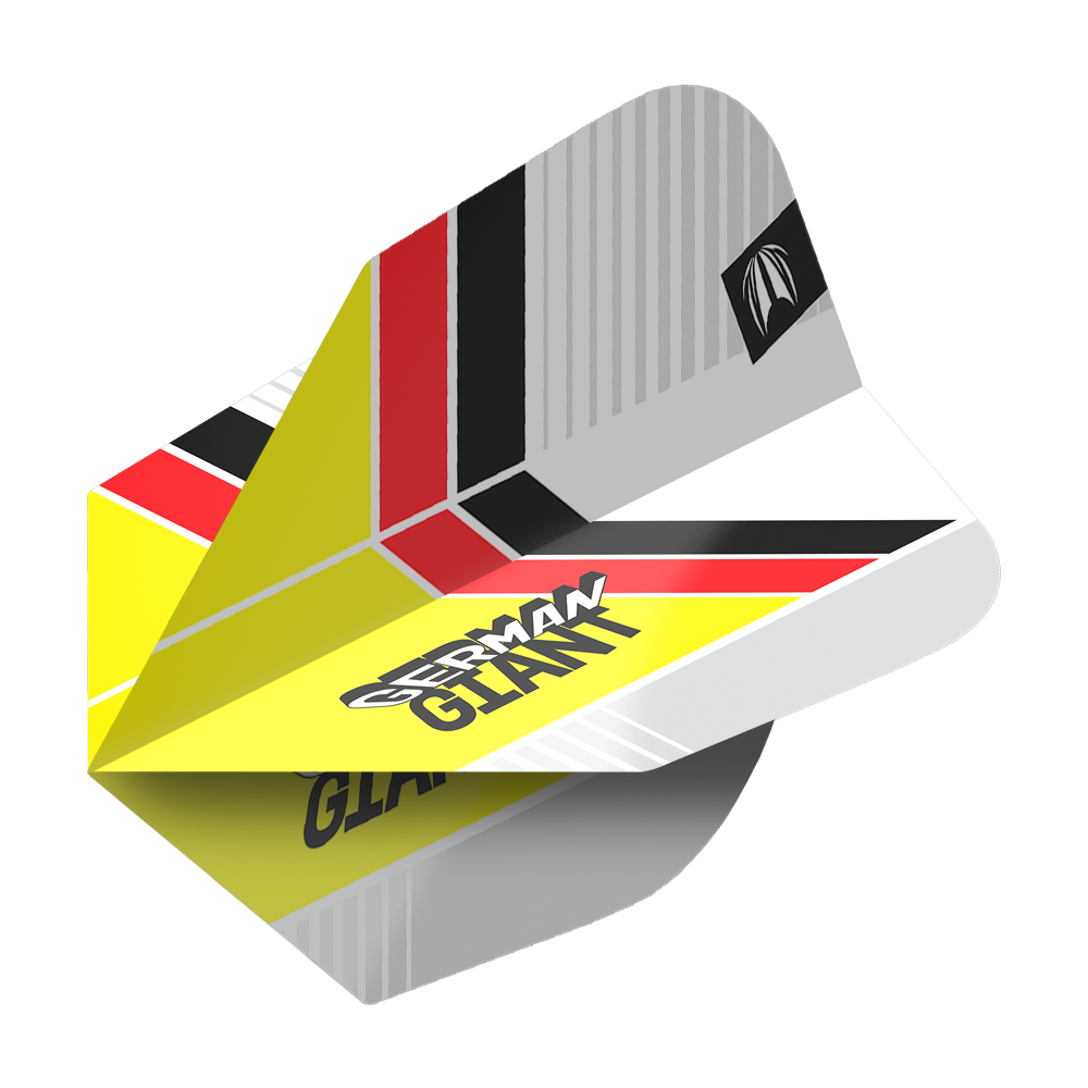 Target Pro Ultra Gabriel Clemens No6 Flights - 3 sets Das Bild zeigt das Produkt "Target Pro Ultra Gabriel Clemens No6 Flights - 3 Sets". Die Dart-Flights haben ein auffälliges Design mit den Farben Gelb, Rot, Schwarz und Weiß sowie dem Schriftzug "German Giant".