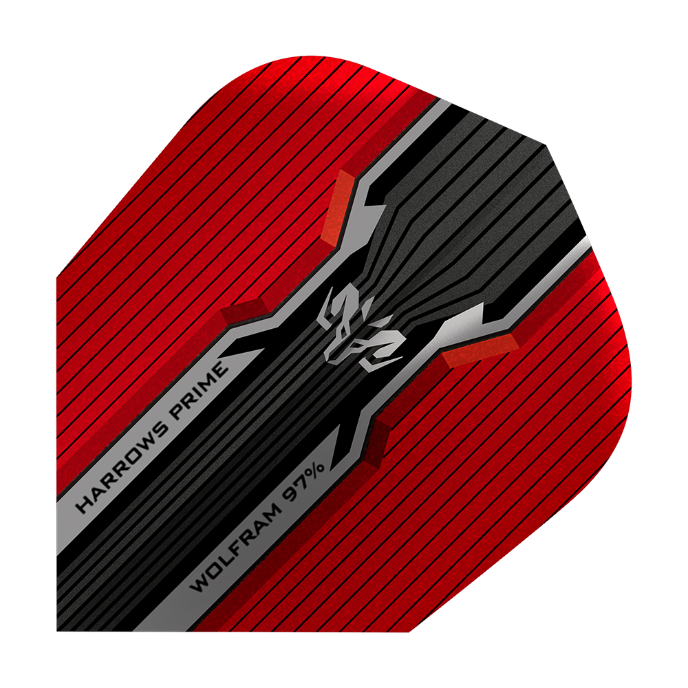 HR7514_Harrows_Prime_Wolfram_Infinity_No2_Standard_Flights_1 Das Bild zeigt ein Dartflight mit dem Namen „Harrows Prime Wolfram Infinity No2 Standard Flights“. Das Design ist rot und schwarz mit silbernen Akzenten und Schriftzügen.
