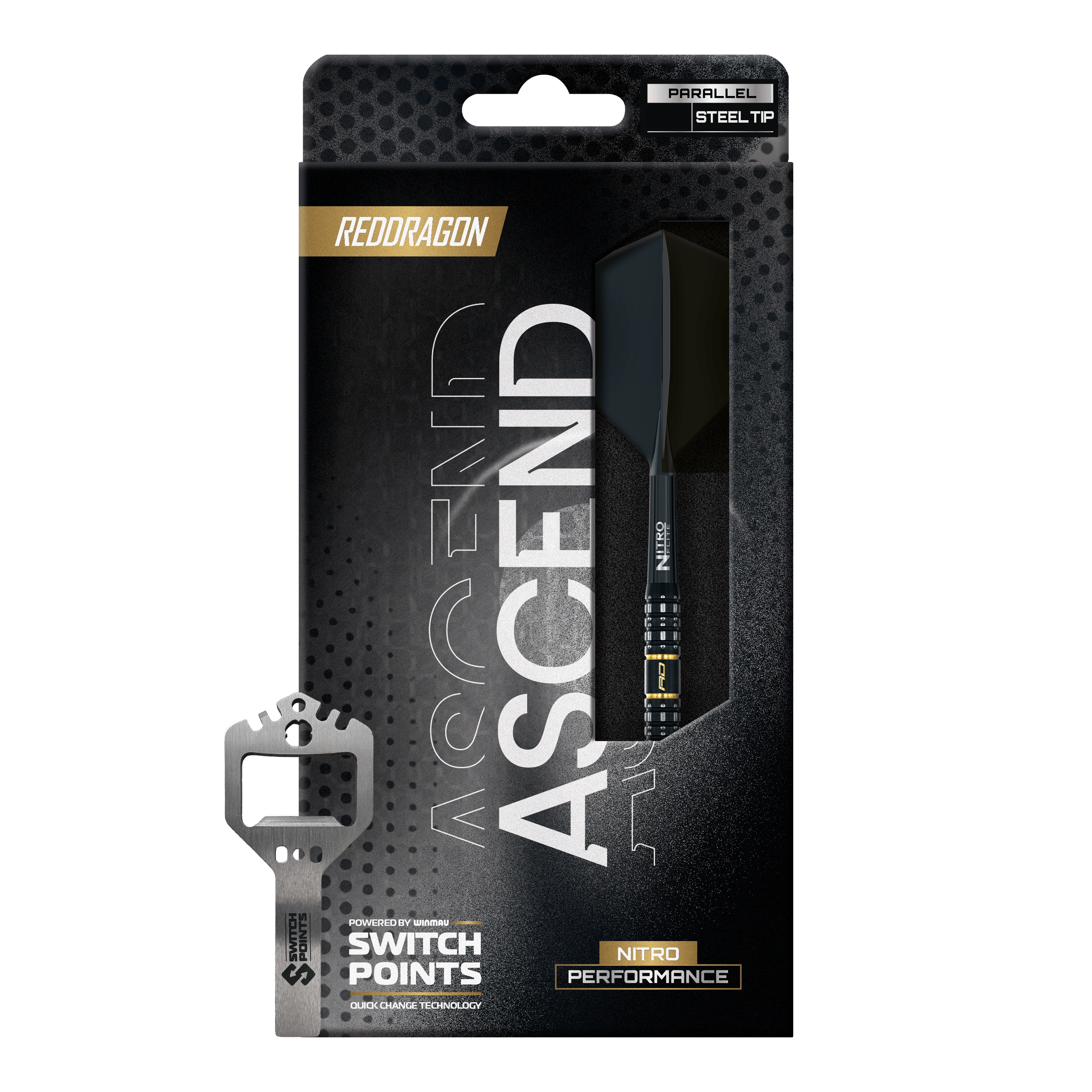 Red Dragon Ascend Parallel Switch Point Steeldarts Zu sehen sind drei Red Dragon Ascend Parallel Switch Point Steeldarts gruppiert in einer Reihe. Die Darts heben ihre hochwertige Verarbeitung hervor.