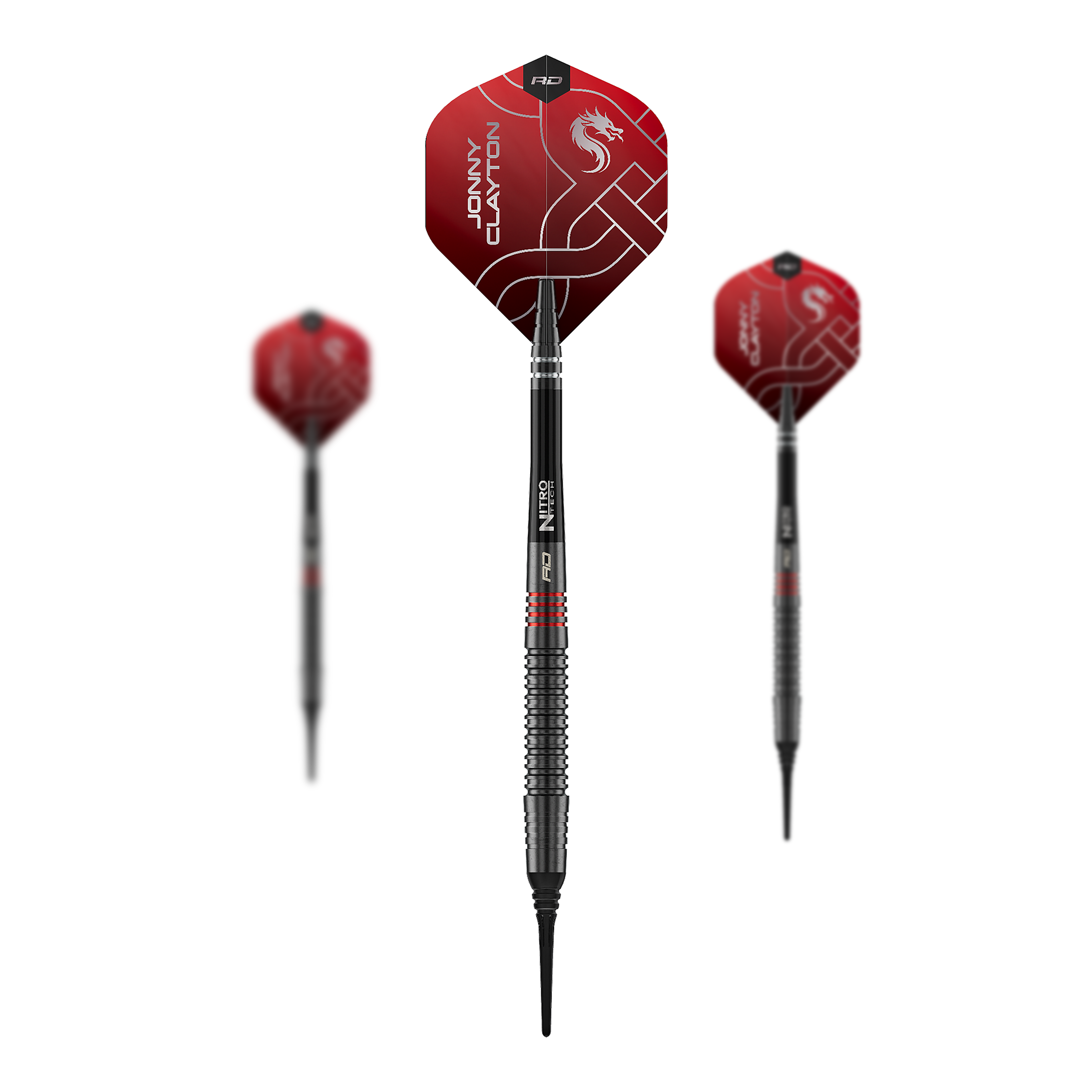 Auf dem Foto ist das Set der Red Dragon Jonny Clayton RD-ADV Softdarts - 18g zu sehen. Drei Softdarts liegen nebeneinander als Set.