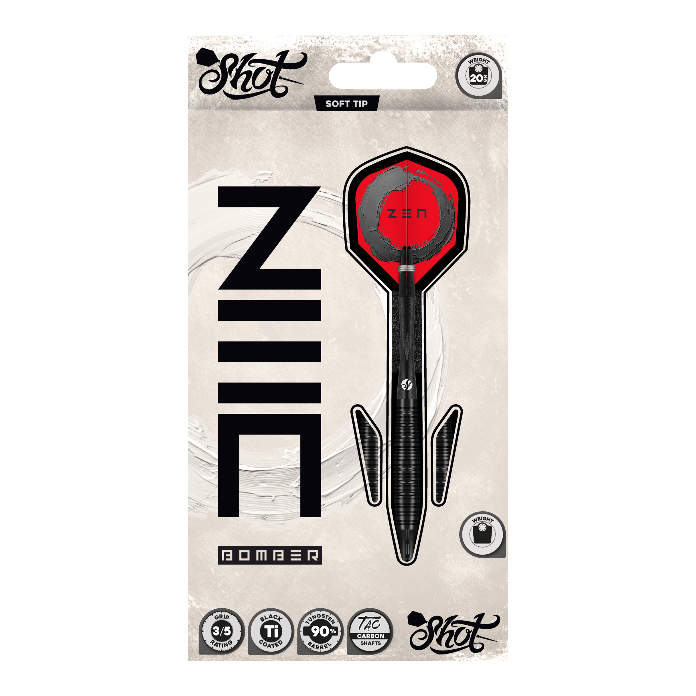 Shot ZEN Bomber soft darts - 20g Hier sieht man die Shot ZEN Bomber Softdarts - 20g. Die Softdarts sind für präzises Werfen und einen sicheren Halt konzipiert.