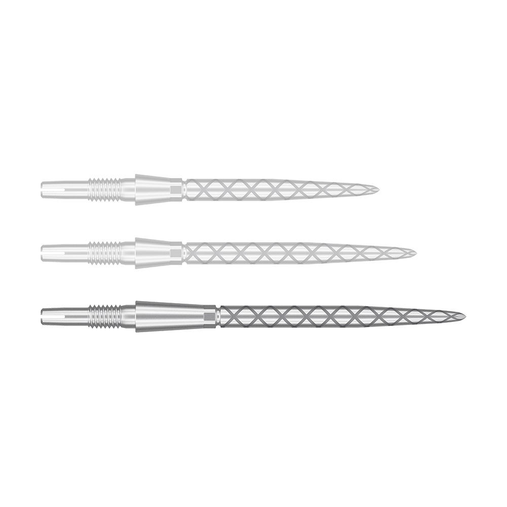 Target Swiss Storm Diamond Point Dart Tips - Silver Das Bild zeigt drei silberne Dartspitzen mit einem Rautenmuster auf der Spitze. Sie sind nebeneinander und parallel ausgerichtet.