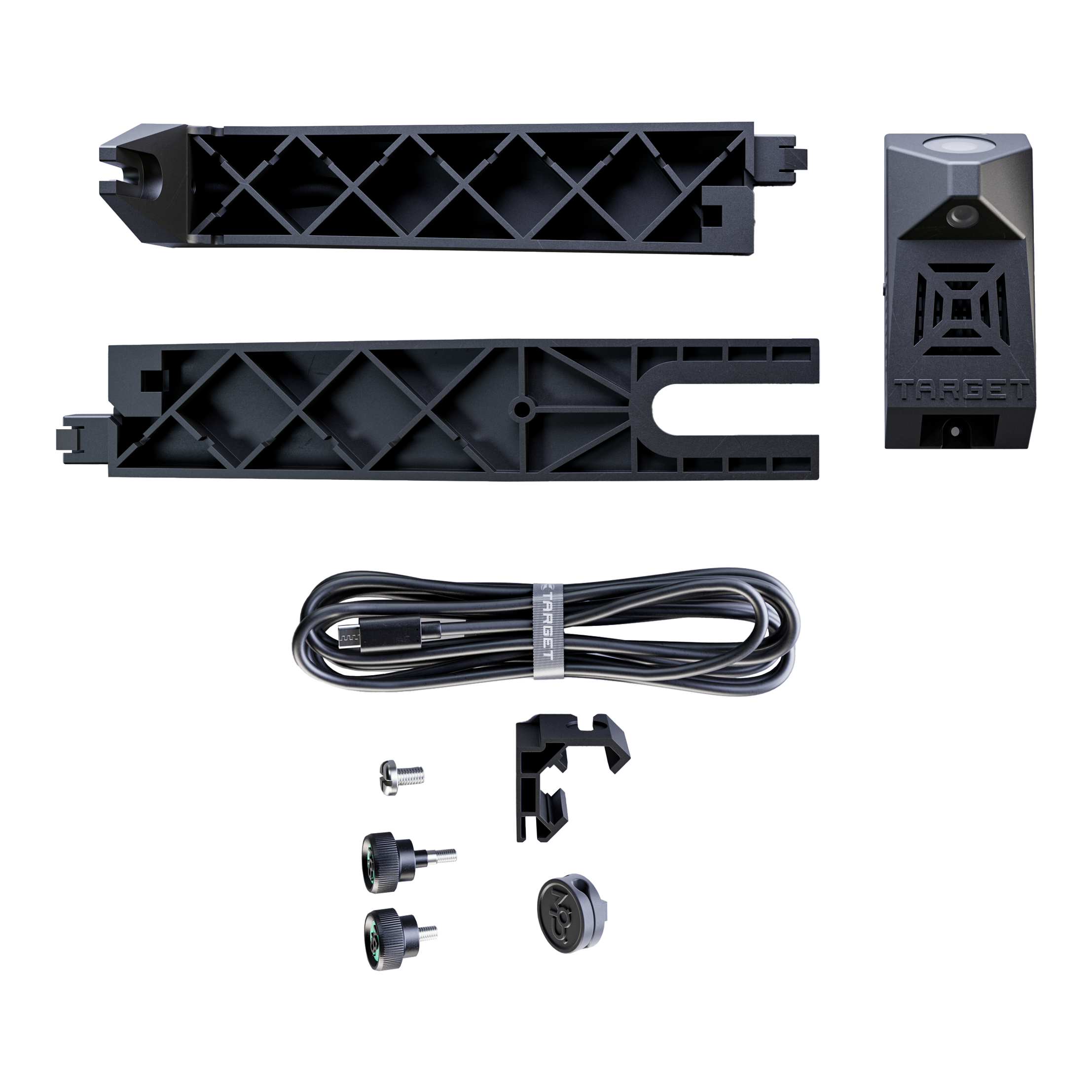 Target VIRT Camera Das Bild zeigt alle Einzelteile des Produkts "Target VIRT Kamera". Zu sehen sind die Kamera, Befestigungselemente, ein Kabel und diverses Zubehör, ordentlich angeordnet.