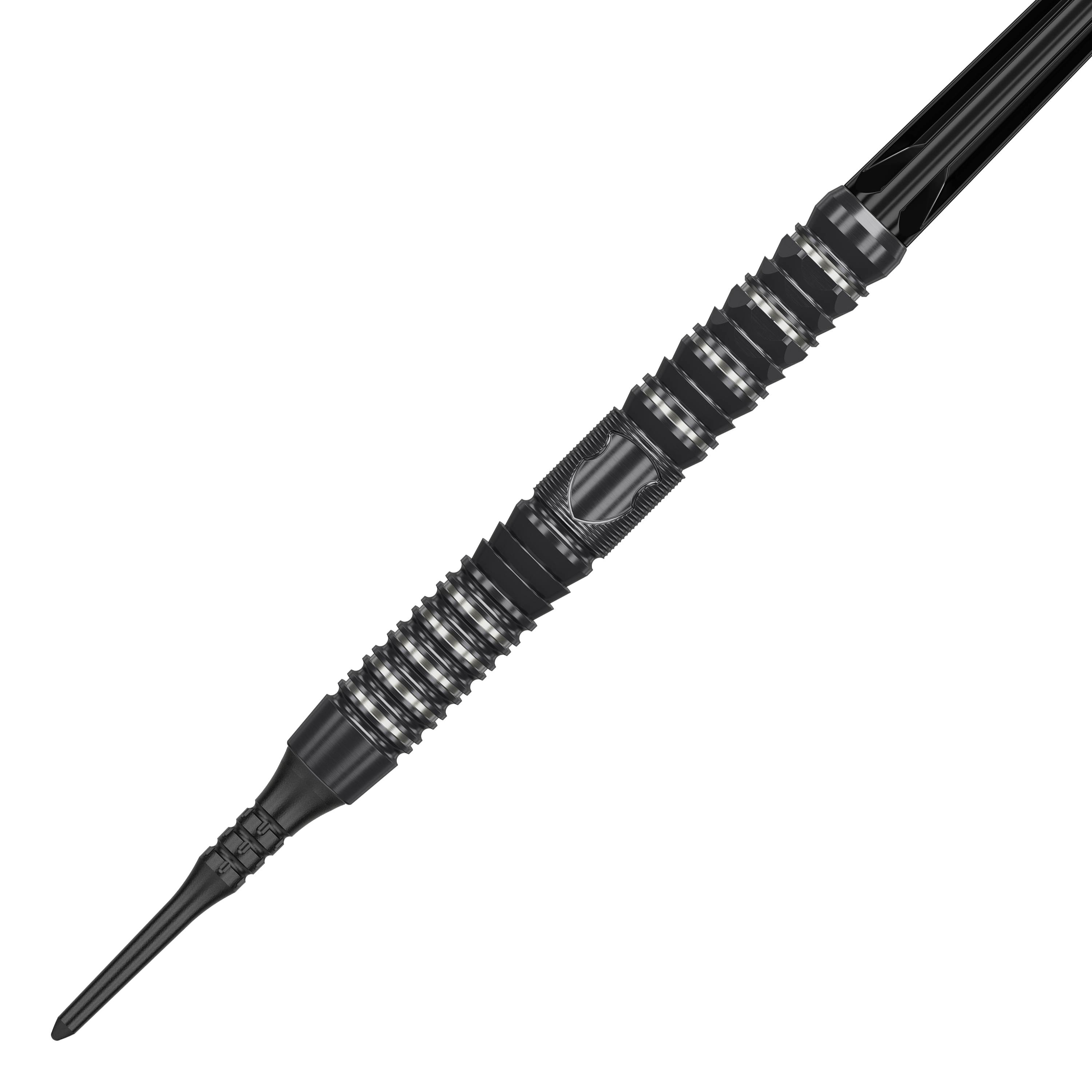 Target Japan Black Marque Draco GEN2 Soft Darts - 20g Das Bild zeigt einen Target Japan Black Marque Draco GEN2 Softdart mit einem Gewicht von 20g. Der Dart ist schwarz-silbern und hat ein modernes, gerilltes Design für besseren Halt.