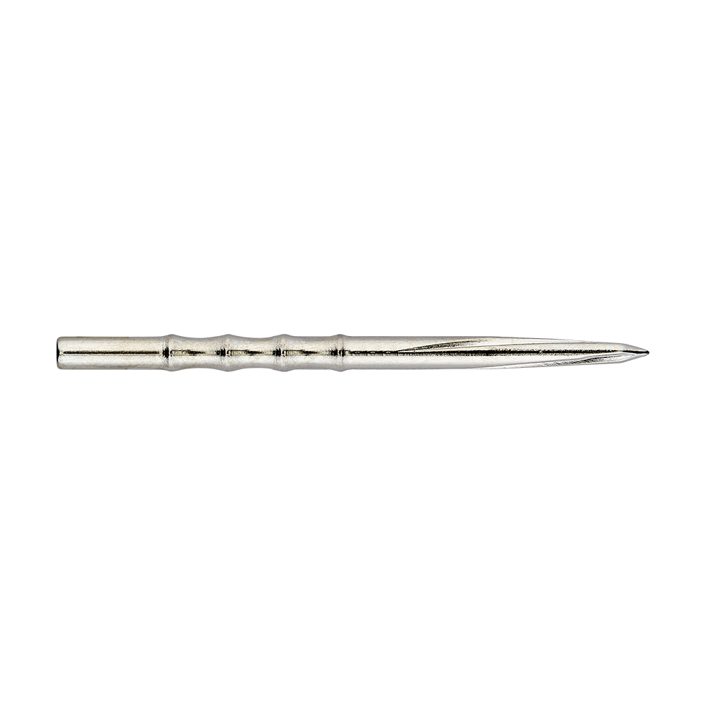 Unicorn Volute Scalloped Steel Dart Tips Das Bild zeigt eine silberne Steeldartspitze mit einem gerillten Design. Die Spitze ist schlank und hat eine profilierte, leicht gewellte Oberfläche.