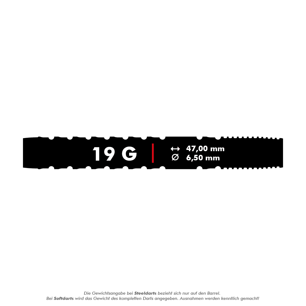 210324_Target_Luke_Littler_GEN1_Softdarts_5_19g Das Bild zeigt die Produktdetails der "Target Luke Littler GEN1 Softdarts - 19g". Die Darts wiegen 19 Gramm, sind 47,00 mm lang und haben einen Durchmesser von 6,50 mm.
