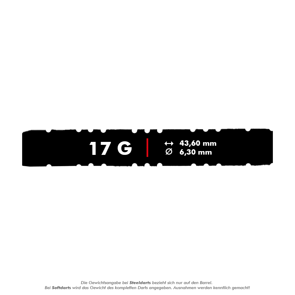 McDart 85 Tungsten V2 soft darts - 17g Das Bild zeigt die Produktdaten für die McDart 85er Tungsten V2 Softdarts mit einem Gewicht von 17 Gramm. Die Darts haben eine Länge von 43,60 mm und einen Durchmesser von 6,30 mm.