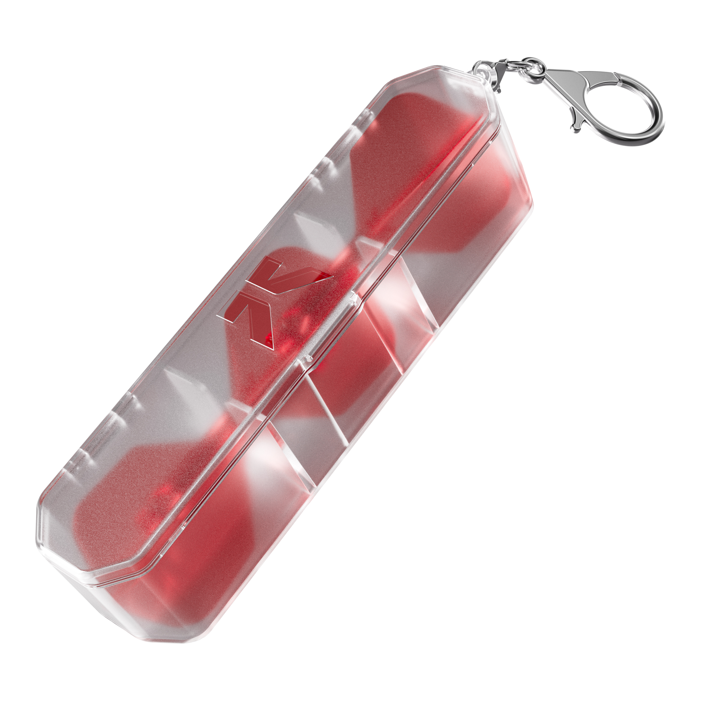 Target K-Flex K-Case Flight Box Das Bild zeigt das Produkt "Target K-Flex K-Case Flightbox". Es handelt sich um eine transparente Aufbewahrungsbox mit rotem Inhalt und einem silbernen Karabinerhaken.