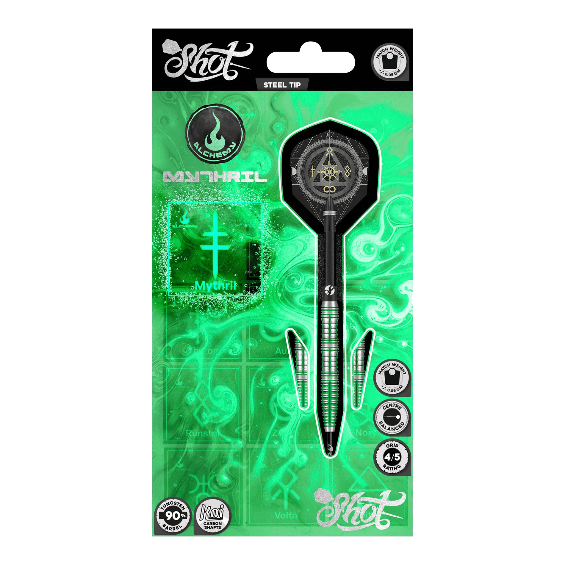 Shot Alchemy Mythril steel darts Dieses Bild zeigt die Shot Alchemy Mythril Steeldarts. Das Design der Steeldarts ist detailliert und modern.