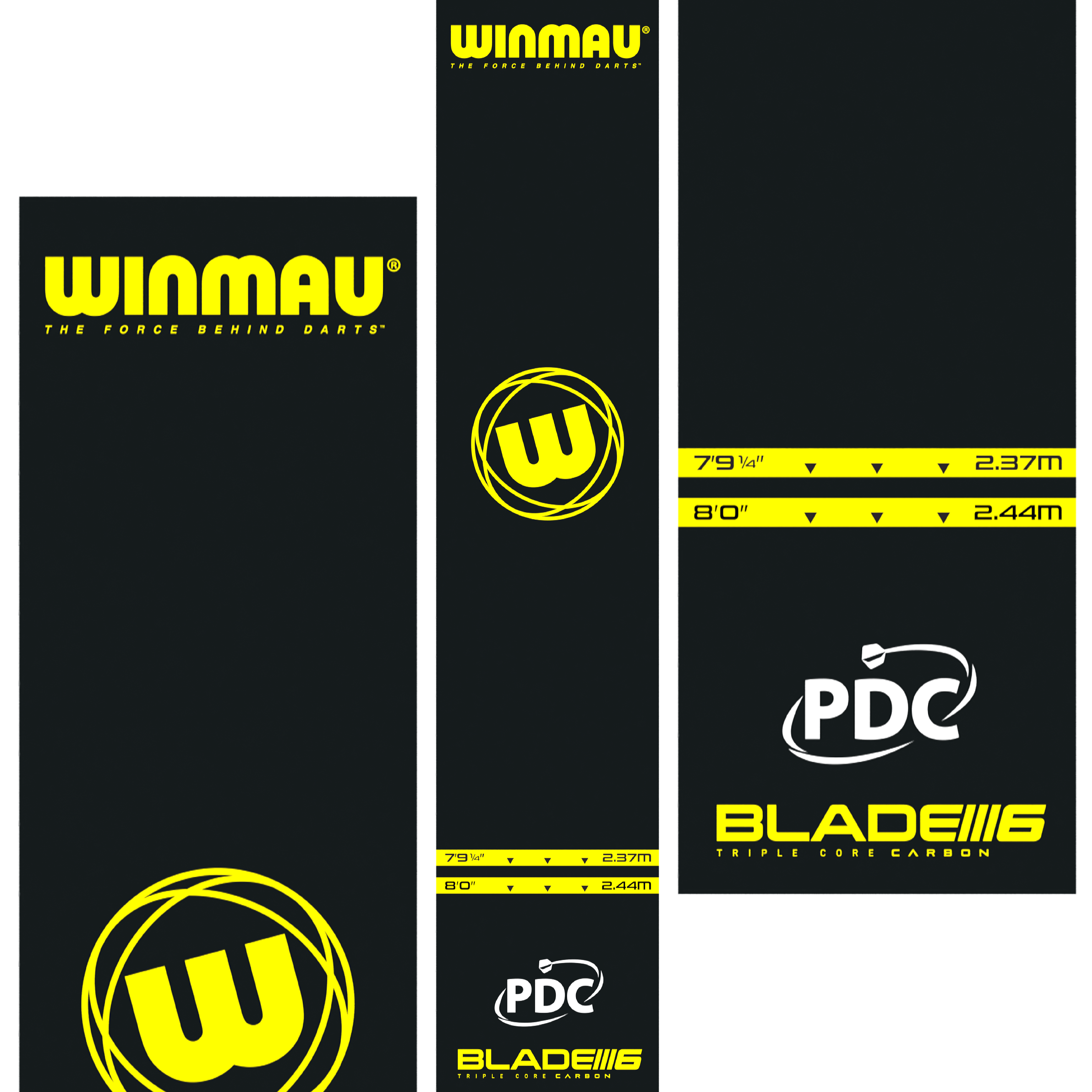 Winmau Pro-Zone Essential PVC dart mat Das Bild zeigt die Winmau Pro-Zone Essential PVC Dartmatte mit auffälligen gelben Logos und Markierungen. Die Matte zeigt Abwurflinien in den Längen 2,37 m und 2,44 m sowie die Logos von Winmau, PDC und Blade 6.