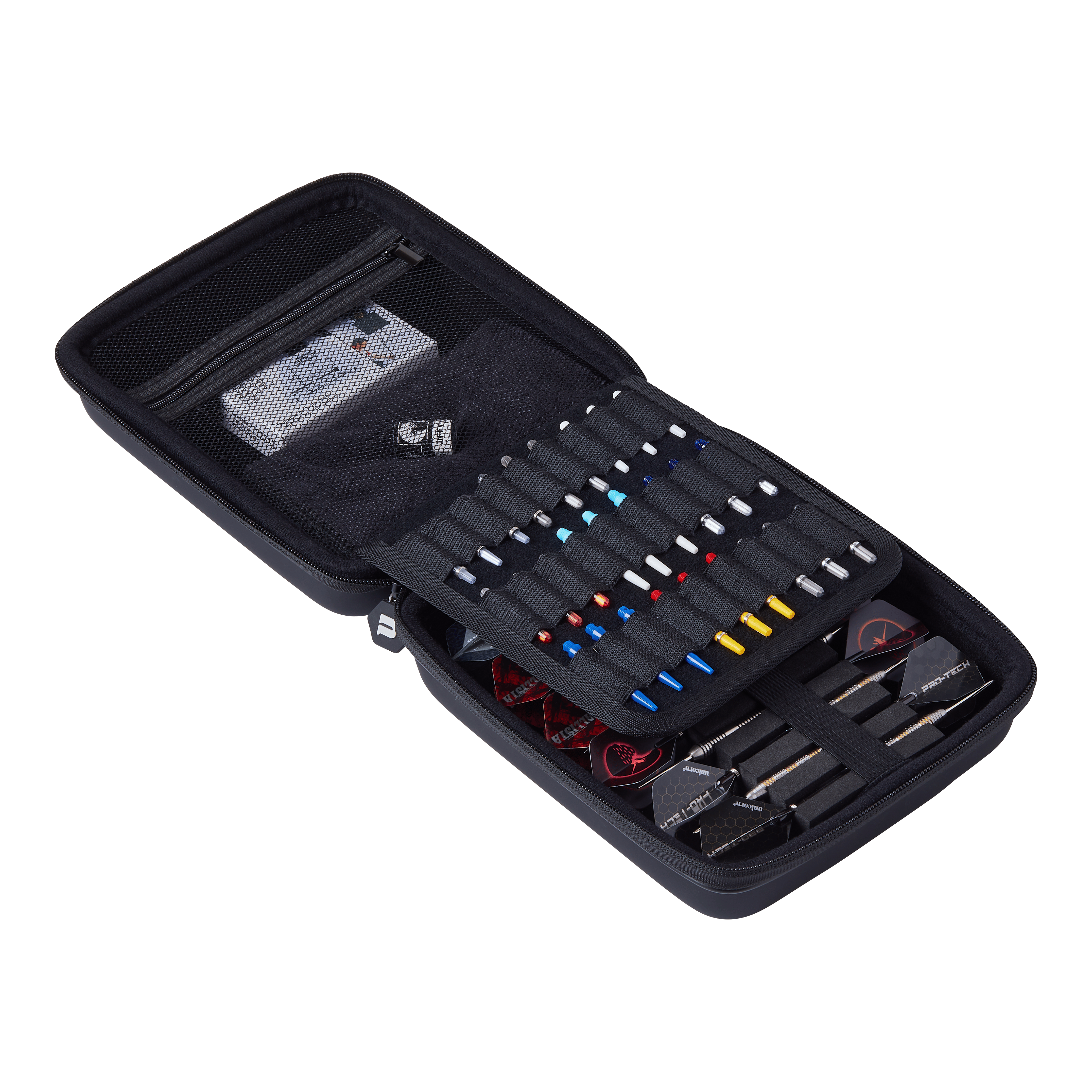 Unicorn Ultra 3UP Large Dart Case - Black Das Bild zeigt ein offenes schwarzes Dartcase namens "Unicorn Ultra 3UP Large Dartcase". Im Inneren sind verschiedene Dartpfeile, Ersatzteile und Zubehör ordentlich sortiert.