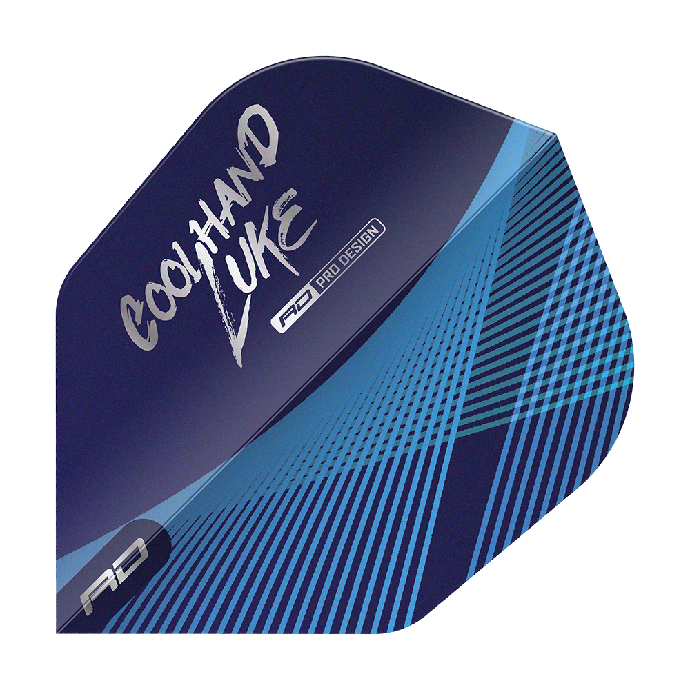 Red Dragon Luke Humphries Coolhand Blue Silver No6 Flights Das Bild zeigt ein Dartflight in Blau mit silbernen und blauen Linien. Auf dem Flight steht der Schriftzug „Coolhand Luke“ und das Logo „RD Pro Design“.