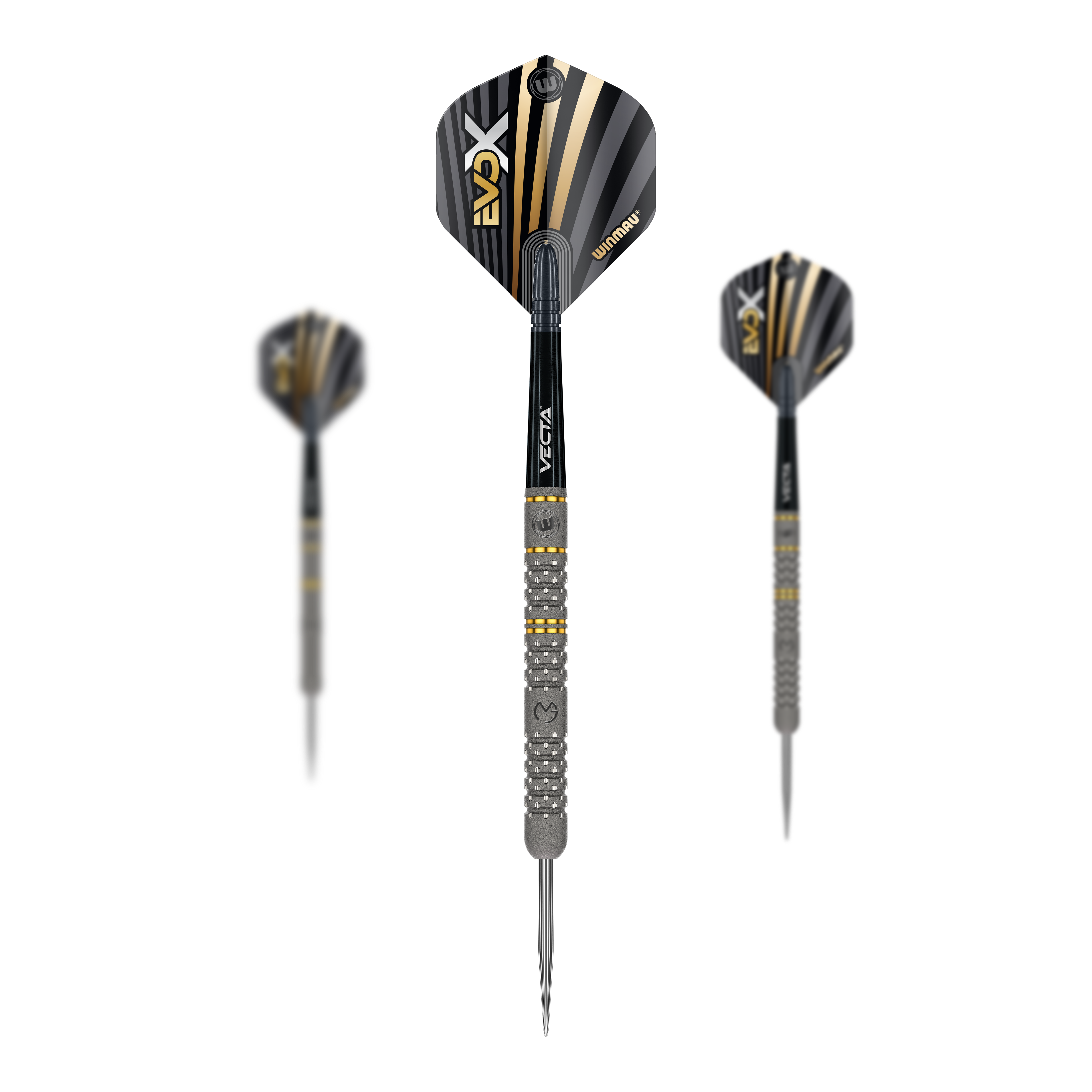 Winmau Michael Van Gerwen Evo-X steel darts Das Bild zeigt drei Winmau Michael Van Gerwen Evo-X Steeldarts mit schwarzer und goldener Optik. Die Darts haben ein modernes Design und sind in einer Vorder- und zwei Seitenansichten dargestellt.