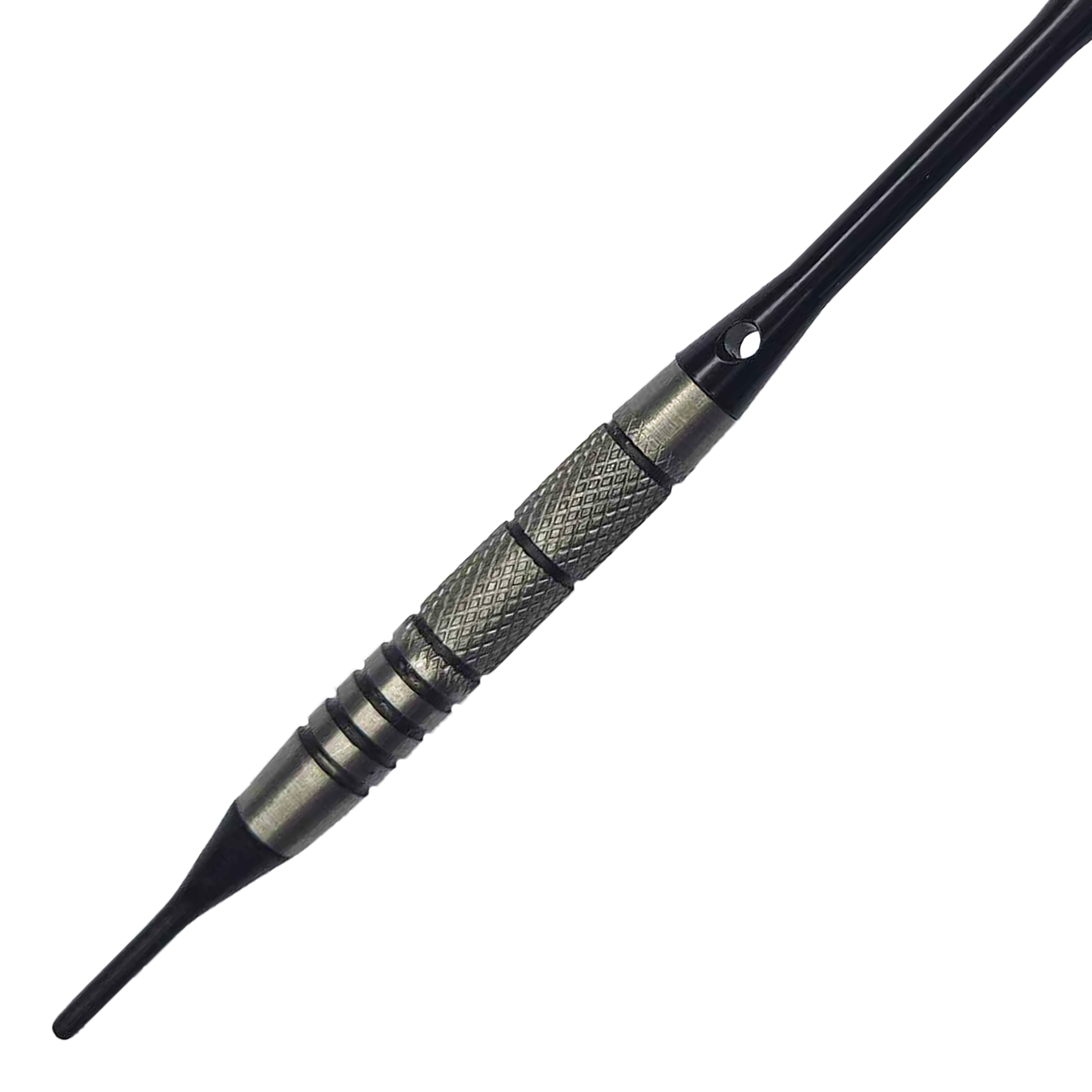 McDart 85 Tungsten V9 soft darts - 17.5g Auf dem Bild ist ein McDart 85er Tungsten V9 Softdart mit einem Gewicht von 17,5 g zu sehen. Der Dartpfeil hat eine metallische Griffzone mit feiner Riffelung für besseren Halt.