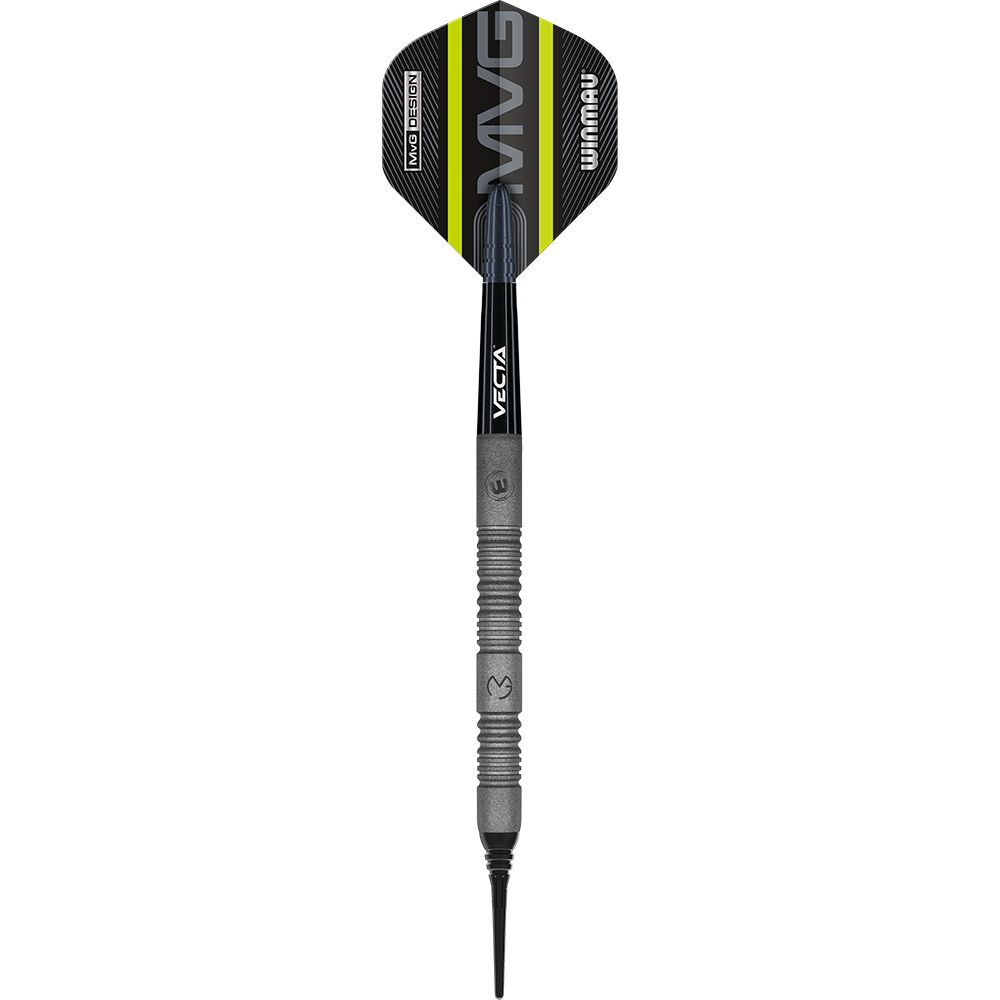2448_Winmau_Michael_Van_Gerwen_Exact_Softdarts_14E5EDViBMbMgh Das Bild zeigt einen Winmau Michael Van Gerwen Exact Softdart. Der Dart ist schwarz und grau mit gelben Akzenten und der Aufschrift "MVG" auf dem Flight.