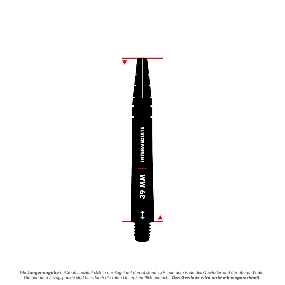 Dies ist ein Produktbild des "Red Dragon Nitrotech Gerwyn Price Shafts Schwarz" mit einer Länge von 39 mm. Die Abbildung zeigt die schwarze Dart-Schafte mit einer Markierung für die Länge.