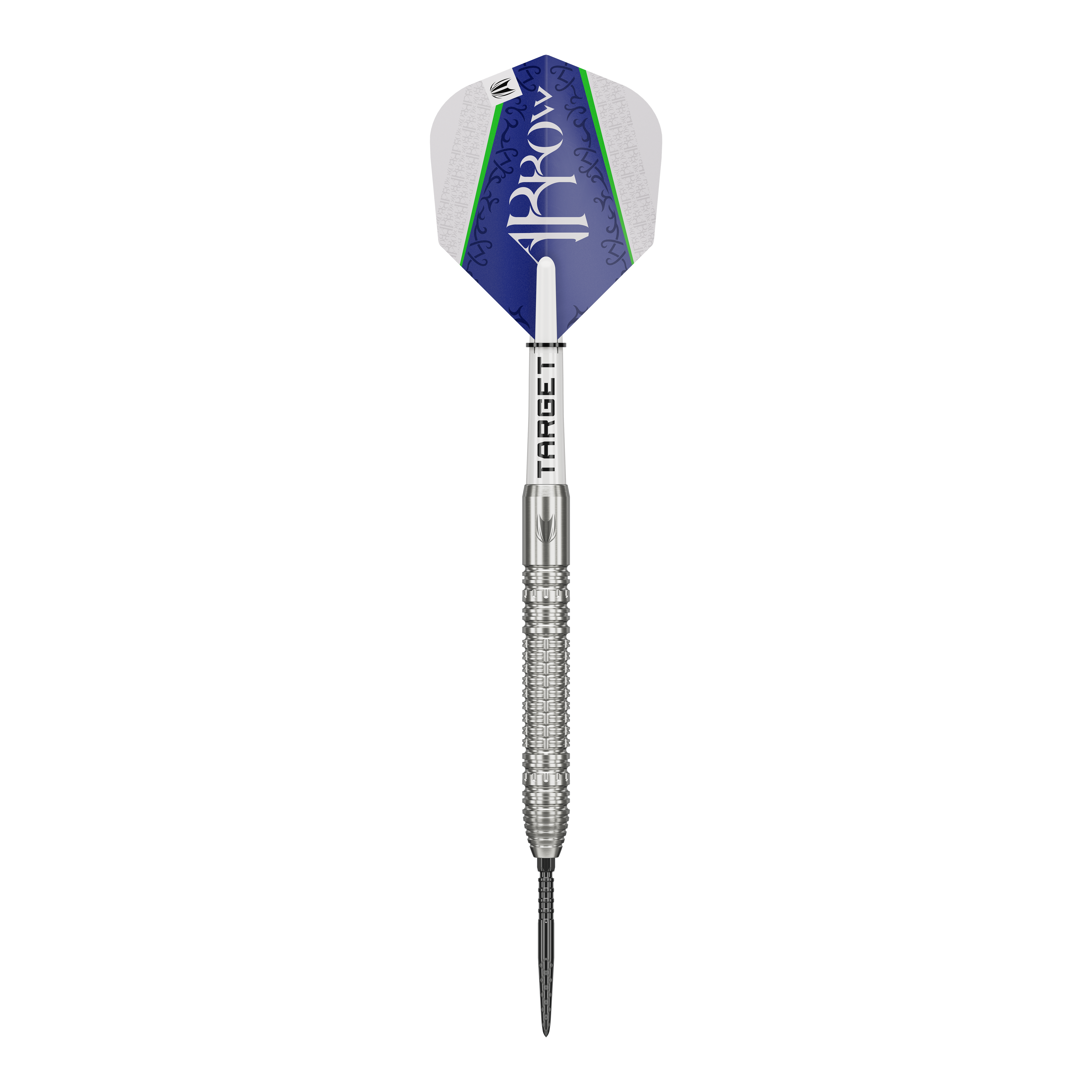 Target Shane McGuirk GEN1 Swiss Point Steel Darts - 23g Auf dem Bild ist der Target Shane McGuirk GEN1 Swiss Point Steeldart mit 23g zu sehen. Der Dartpfeil hat ein silbernes Griffstück und eine blau-weiße Flight mit grünem Akzent.