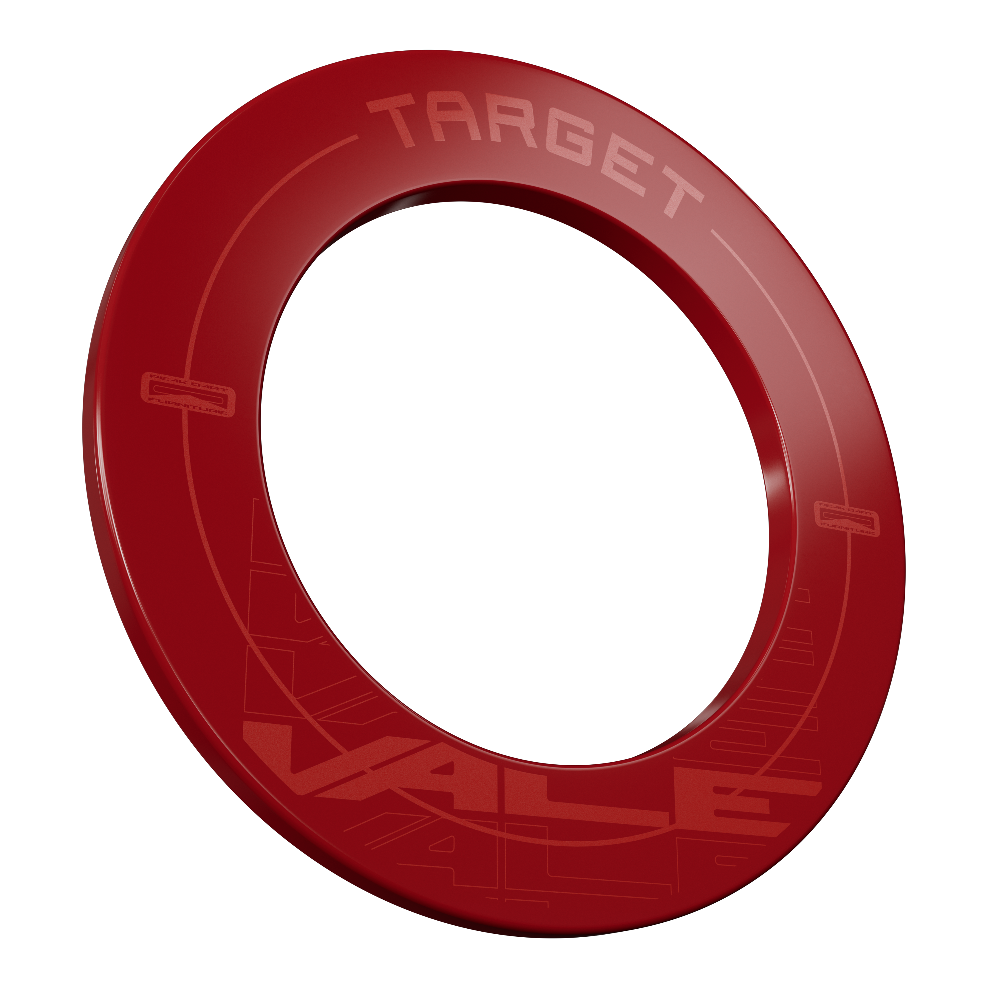 Target VALE Dartboard Surround Das Bild zeigt das Produkt "Target VALE Dartboard Surround" in einem kräftigen Rotton. Es handelt sich um einen runden Schutzring für eine Dartscheibe mit der Aufschrift "TARGET" und "VALE".