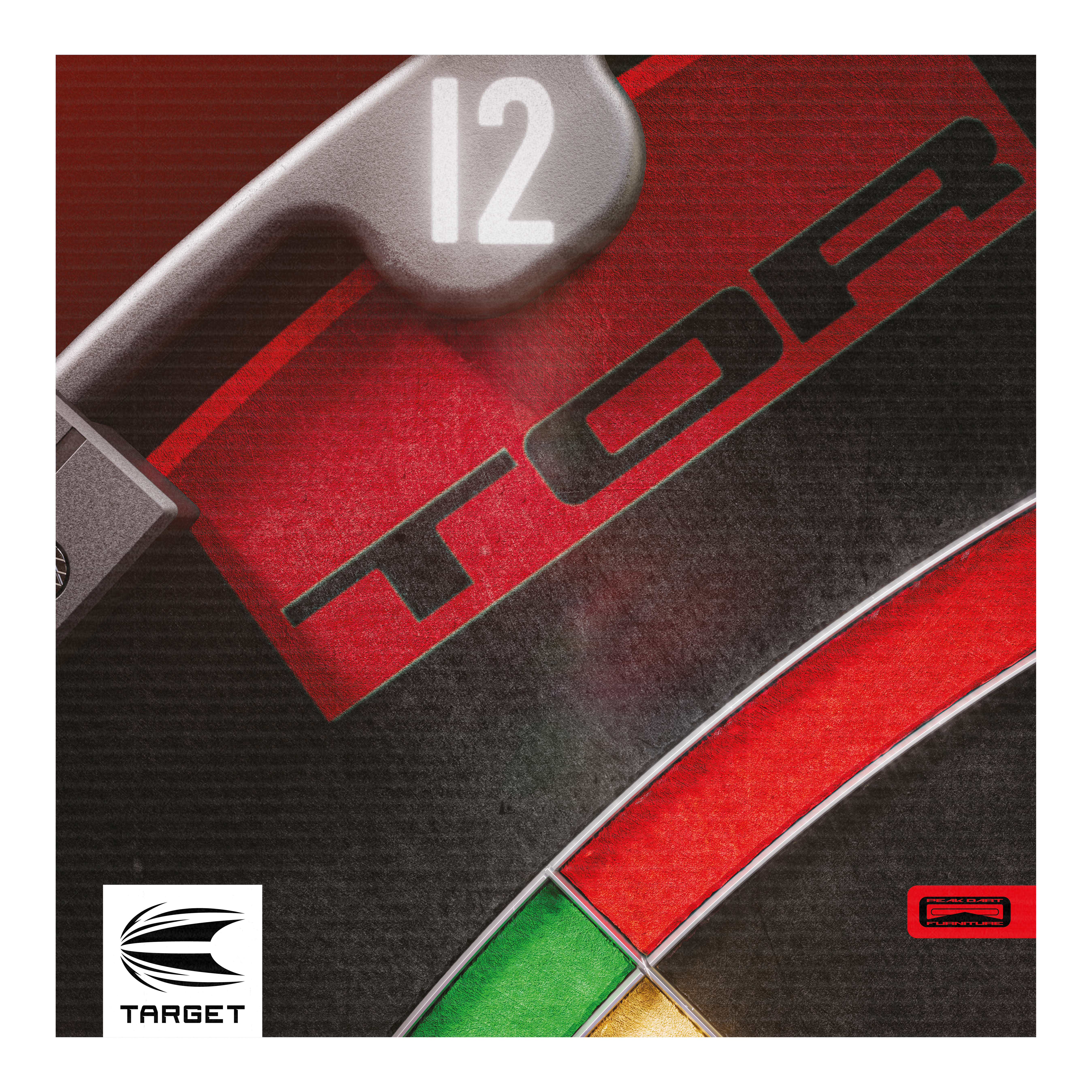 Das Bild zeigt einen Ausschnitt eines Steeldartboards mit der Zahl 12 und farbigen Segmenten. Unten links ist das Target-Logo zu sehen.