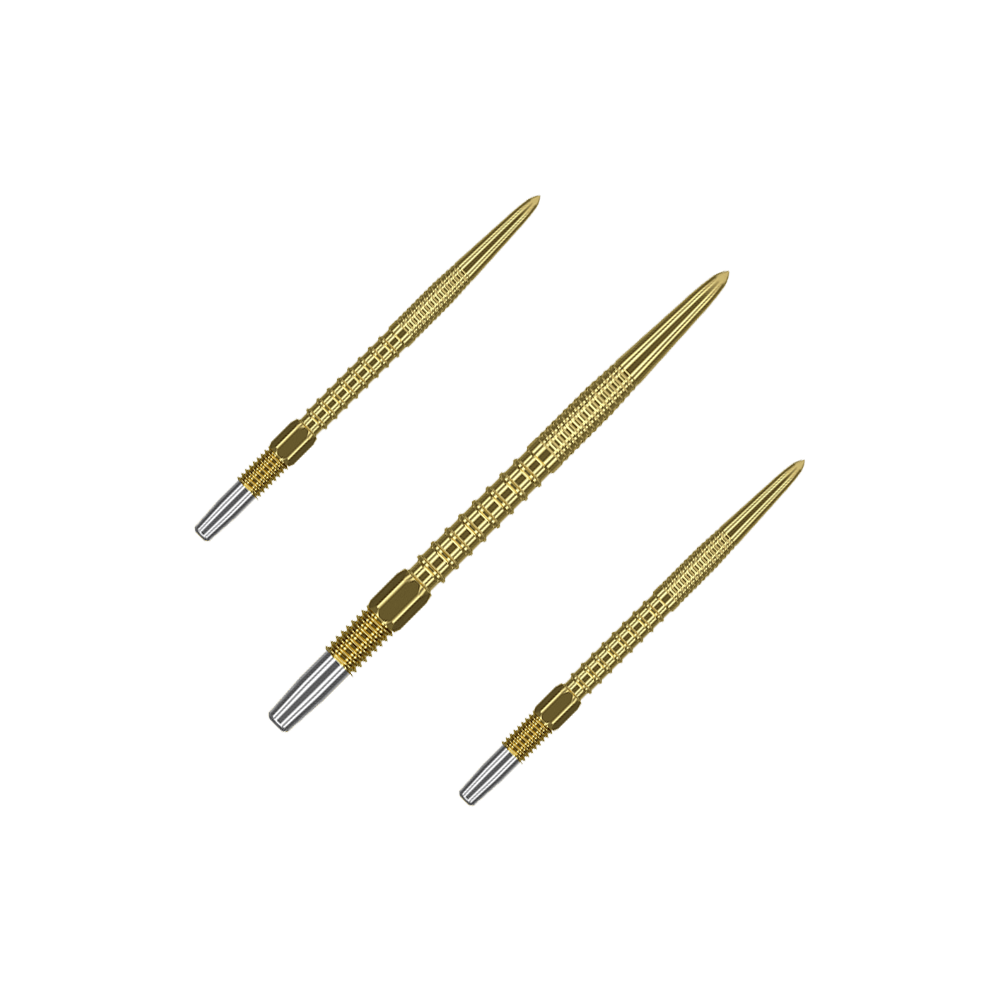 Target Swiss Firepoint Gold dart tips Das Bild zeigt drei goldfarbene Dartspitzen mit silbernem Gewinde am Ende. Sie sind schlank und haben eine strukturierte Oberfläche für besseren Halt.
