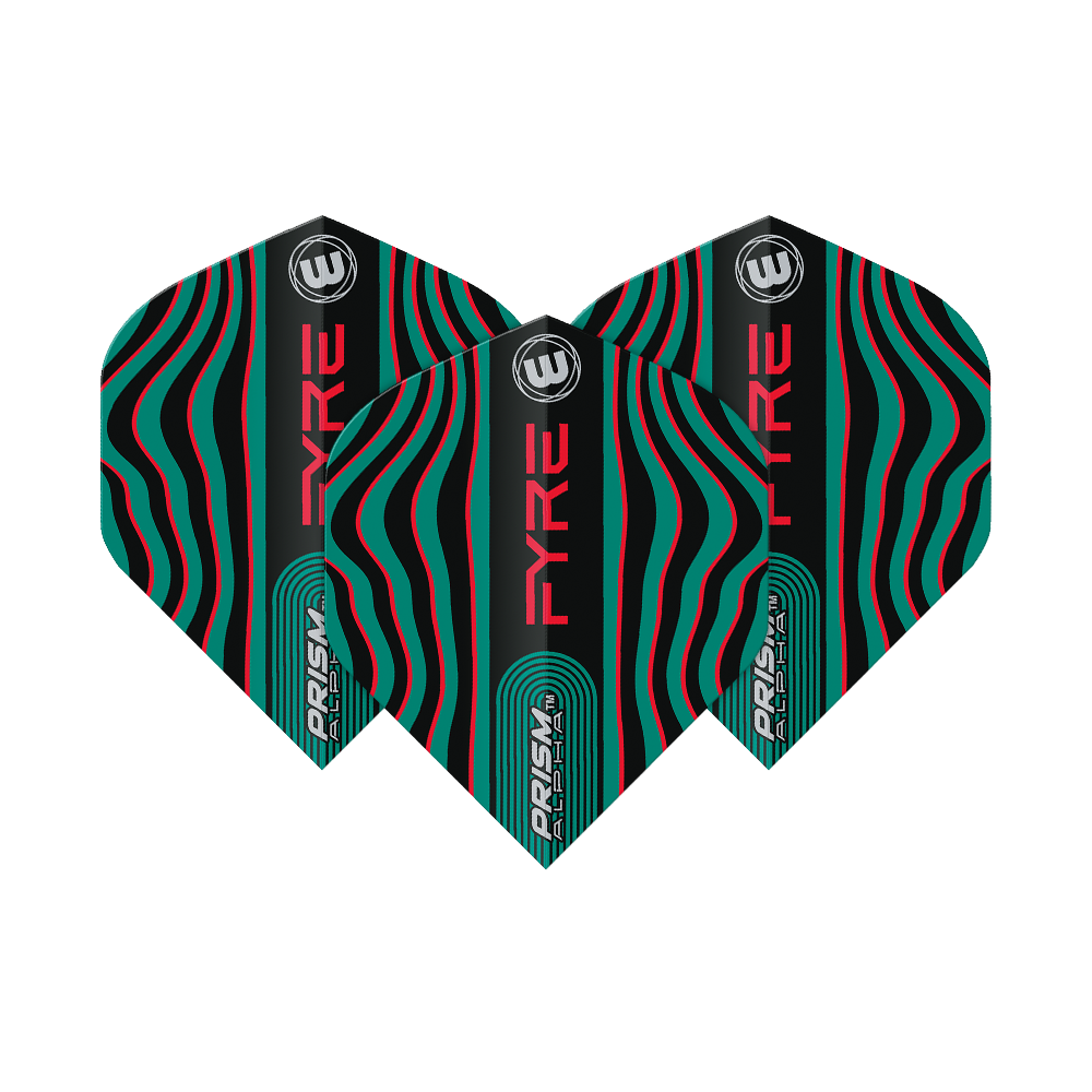 6915-708_Winmau_Prism_Alpha_Fyre_BlackTurquoiseRed_Standard_Flights_1vxTlhNamoefID Das Bild zeigt drei Dart-Flights des Modells "Winmau Prism Alpha Fyre" in Schwarz, Türkis und Rot. Die Flights haben ein auffälliges, wellenförmiges Linienmuster und die Wörter "FYRE" und "PRISM" sind darauf zu sehen.