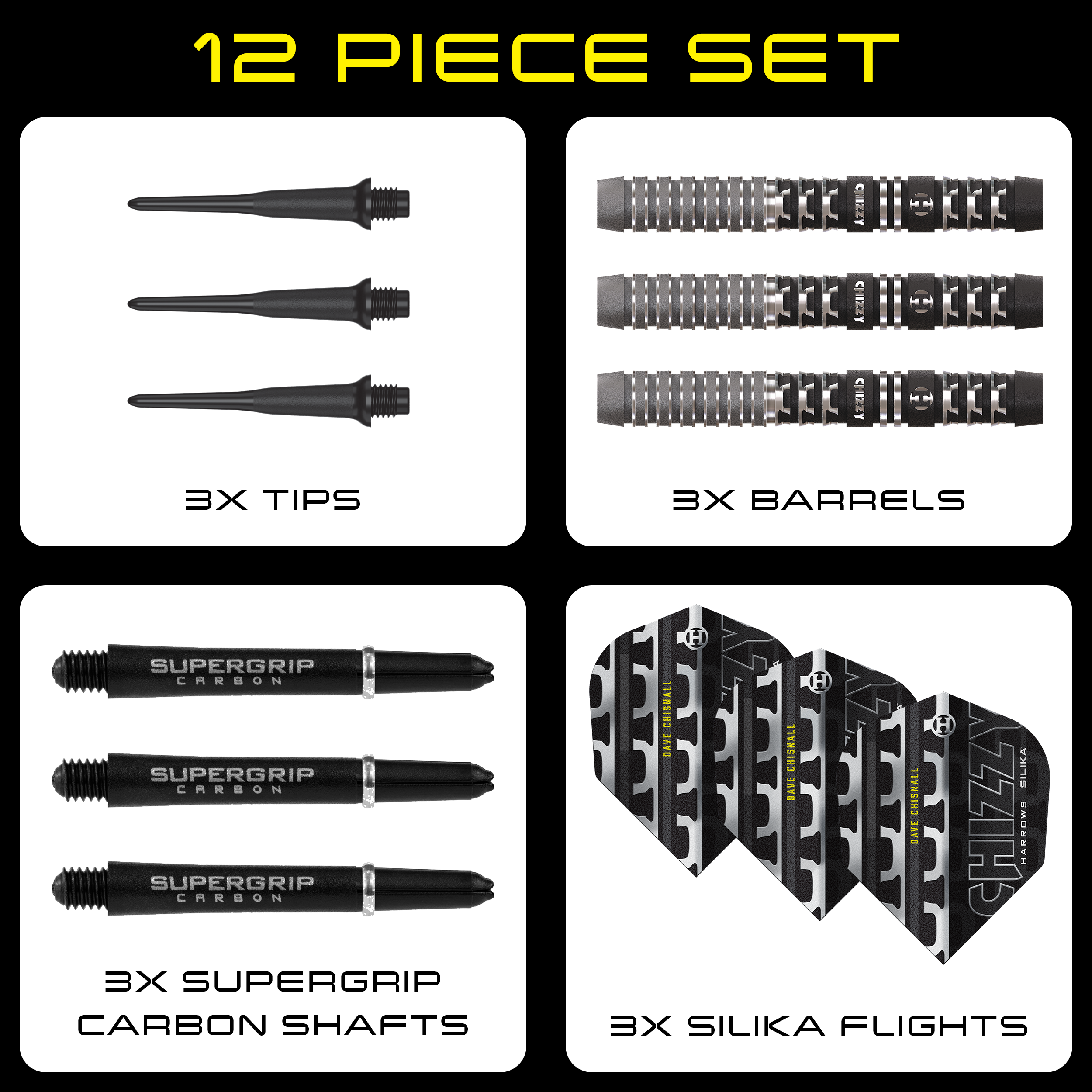 Harrow's Dave Chisnall Chizzy Series 4 soft darts Zu sehen sind die Harrows Dave Chisnall Chizzy Series 4 Softdarts. Diese Softdarts bieten eine ausgezeichnete Qualität für Dartliebhaber.