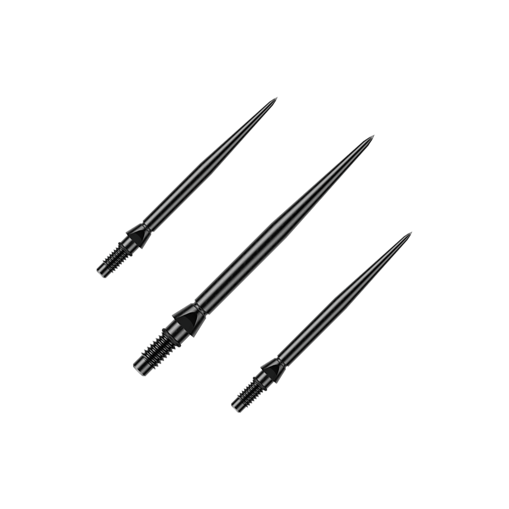 Winmau Switch Point Smooth Steel Dart Tips - Black Auf dem Bild ist ein Set schwarzer glatter Steeldartspitzen von Winmau zu sehen. Die Spitzen sind 26mm lang.