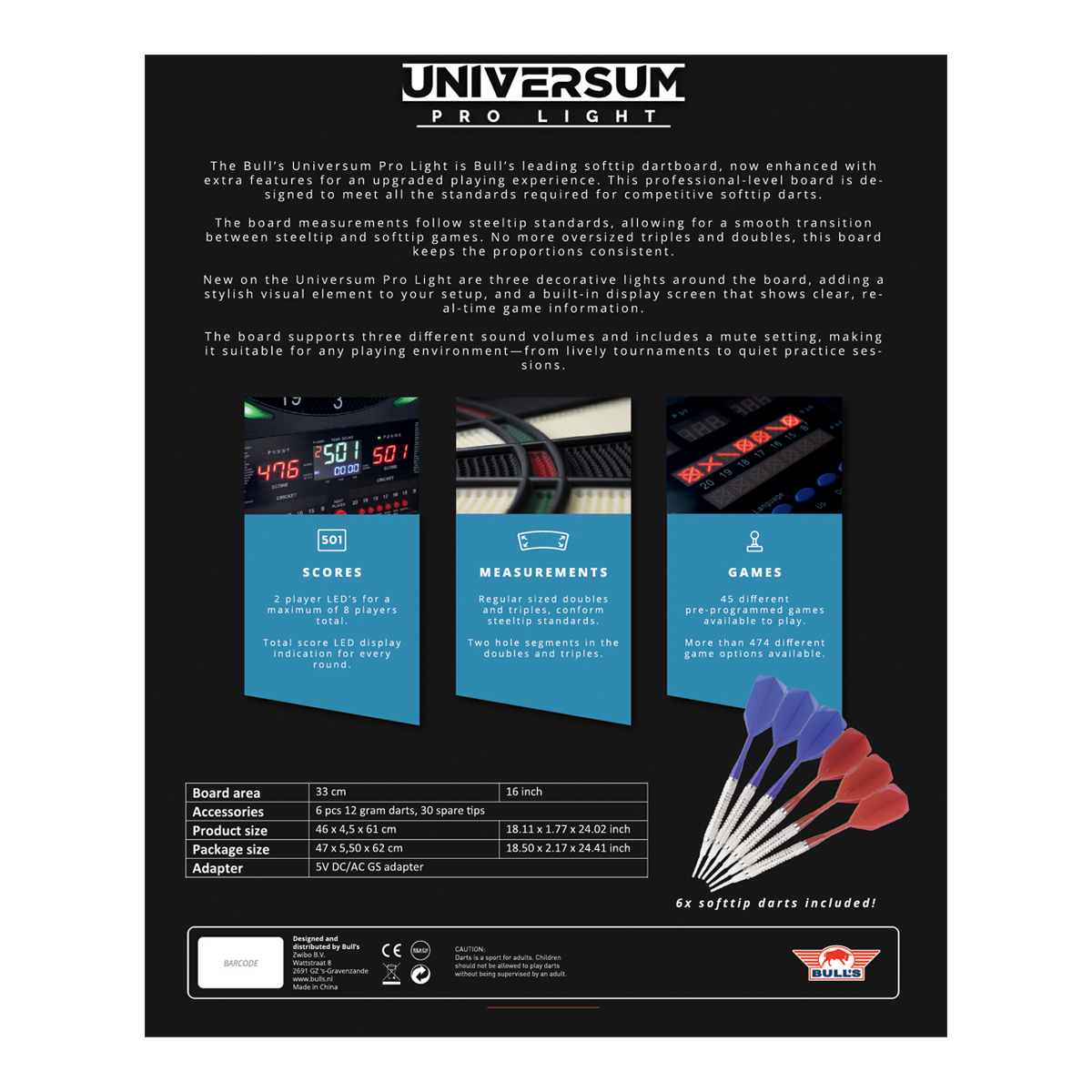 Auf dem Bild ist das Bulls NL Universum Pro Light Elektronisches Dartboard - Blau Rot zu sehen. Es eignet sich perfekt für Darts-Spiele zu Hause.