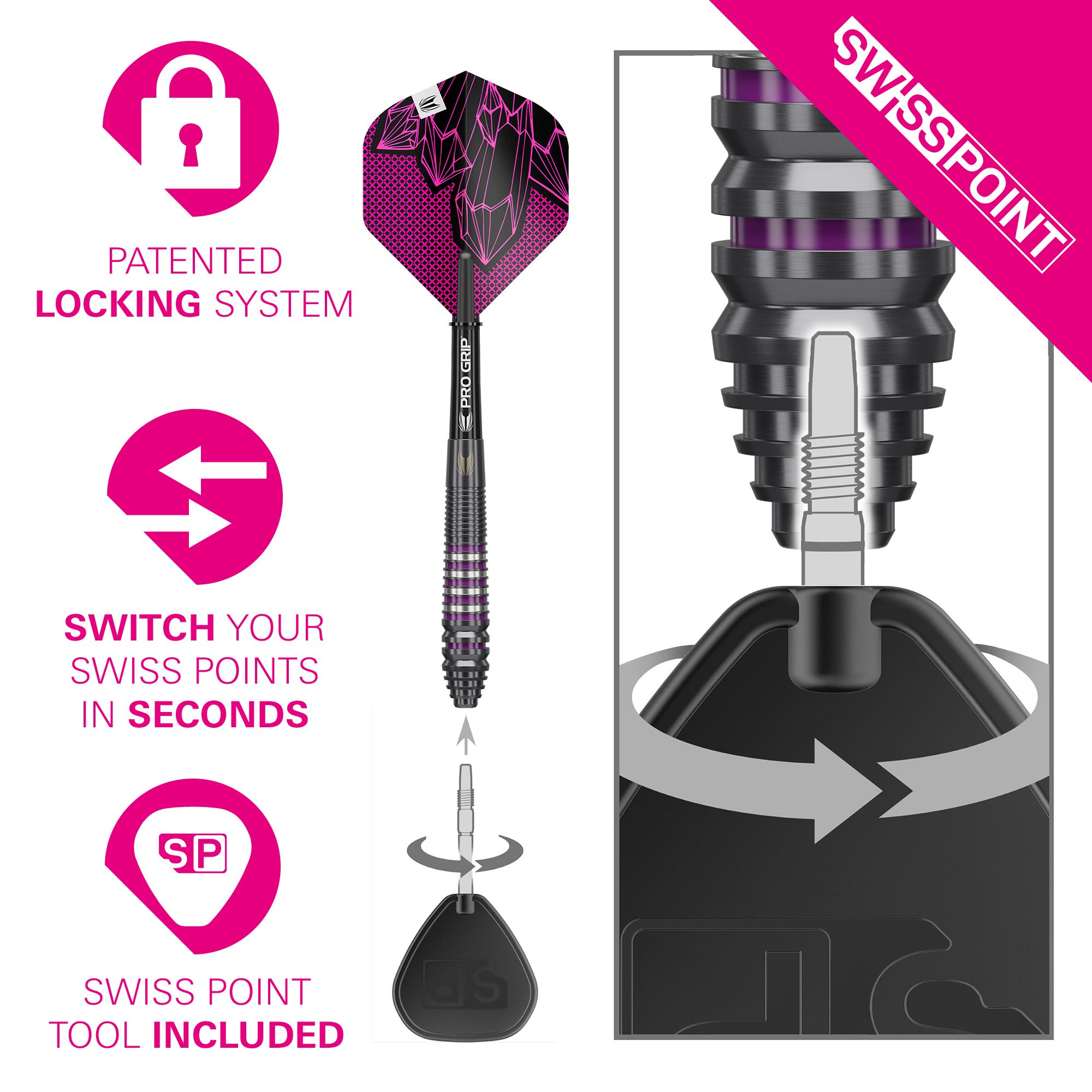 Target Lorraine Winstanley GEN2 Swiss Point Steel Darts - 24g Hier sind die Target Lorraine Winstanley GEN2 Swiss Point Steeldarts - 24g zu sehen. Das Bild betont die spezielle Gestaltung und Konstruktion des Produkts.