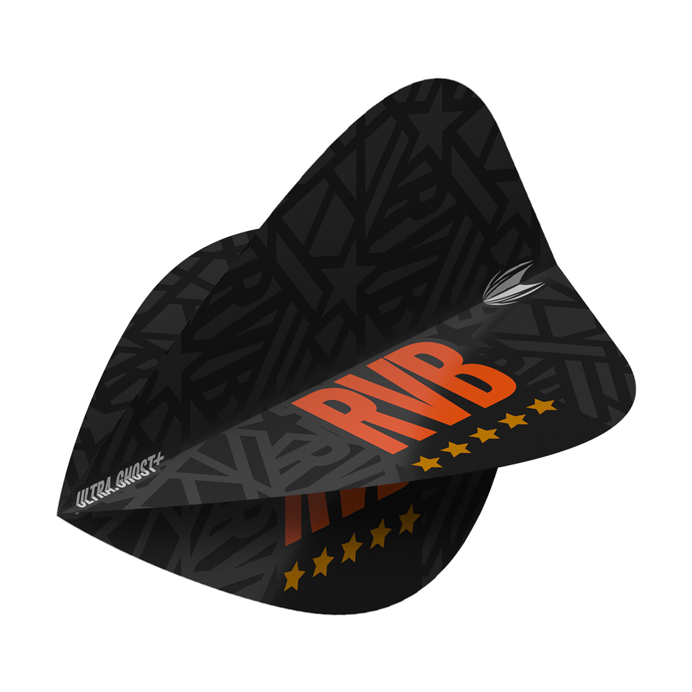 Target UltraGhost Raymond Van Barneveld GEN2 Kite Flights Das Bild zeigt das Produkt "Target UltraGhost Raymond Van Barneveld GEN2 Kite Flights". Die Dartflights sind schwarz mit orangenen Buchstaben "RVB" und gelben Sternen bedruckt.