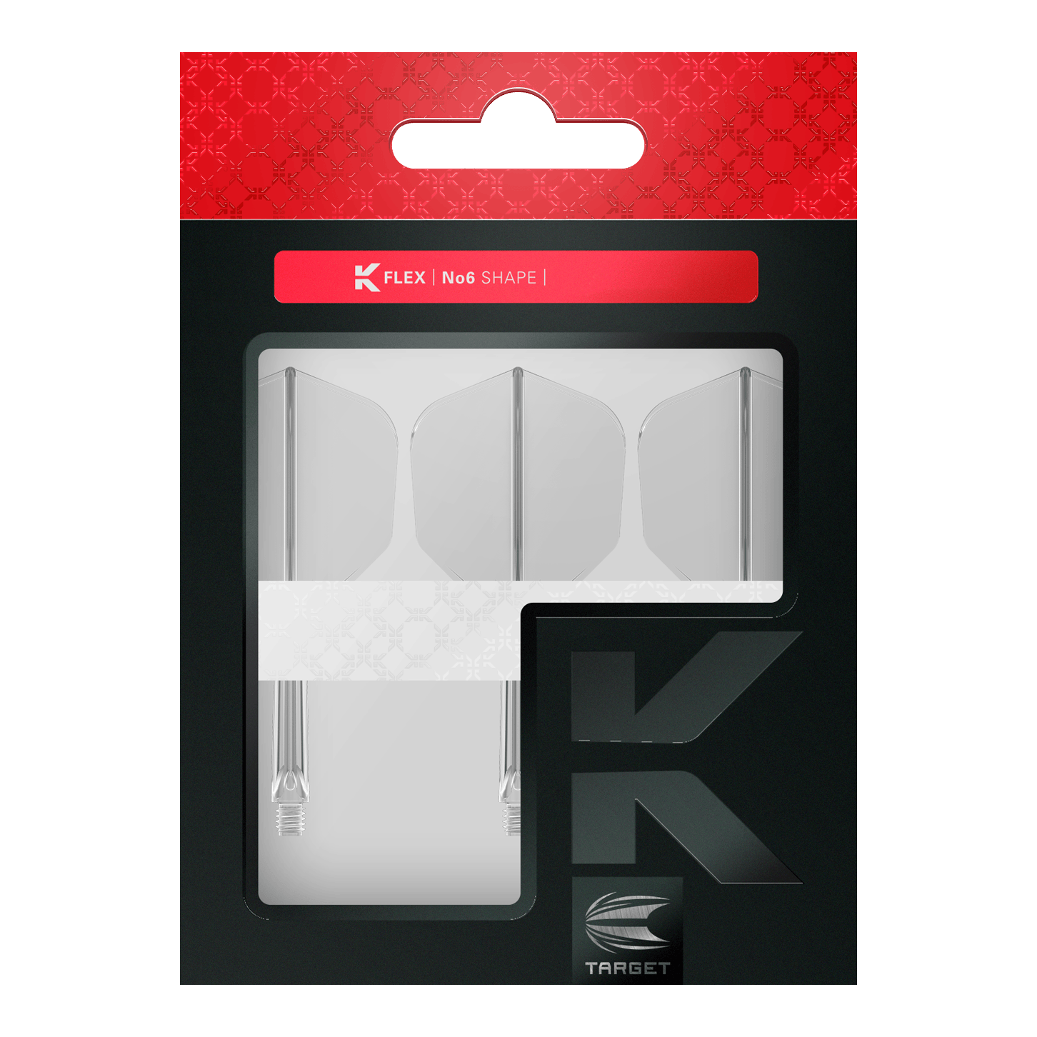 Target K-Flex No6 Flight System - Clear Auf dem Bild ist eine Verpackung mit drei klaren Dartflights und Schäften der Marke Target zu sehen. Die Verpackung ist schwarz und rot gestaltet und trägt die Aufschrift "K FLEX | No6 SHAPE".