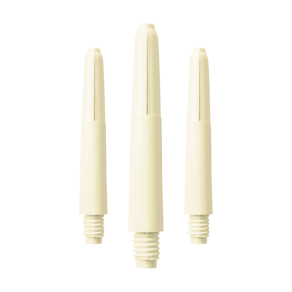 576_Nylon_Shafts_Naturweiss_35mm_1 Das Bild zeigt drei Nylon Shafts in der Farbe Naturweiß. Die Shafts haben ein schlichtes, glattes Design mit einem Schraubgewinde am unteren Ende.