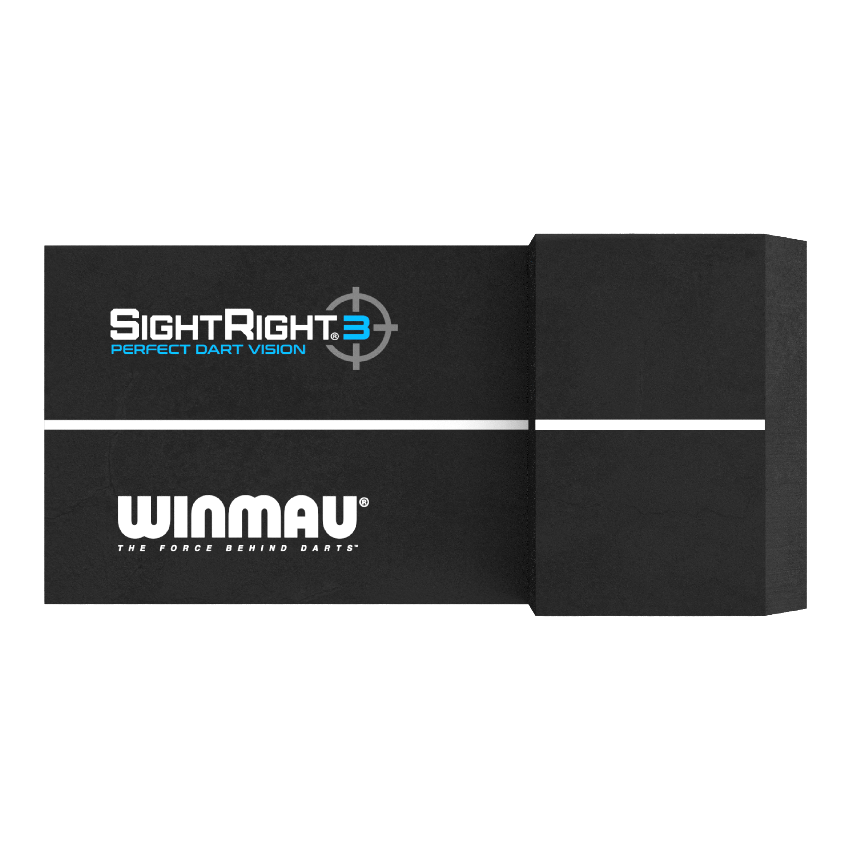 Winmau SightRight 3 - Compact Das Bild zeigt das Produkt "Winmau SightRight 3 - Compact" zur Perfektionierung des Dart-Zielens. Es ist schwarz mit einem weißen Streifen und dem Winmau-Logo darauf.