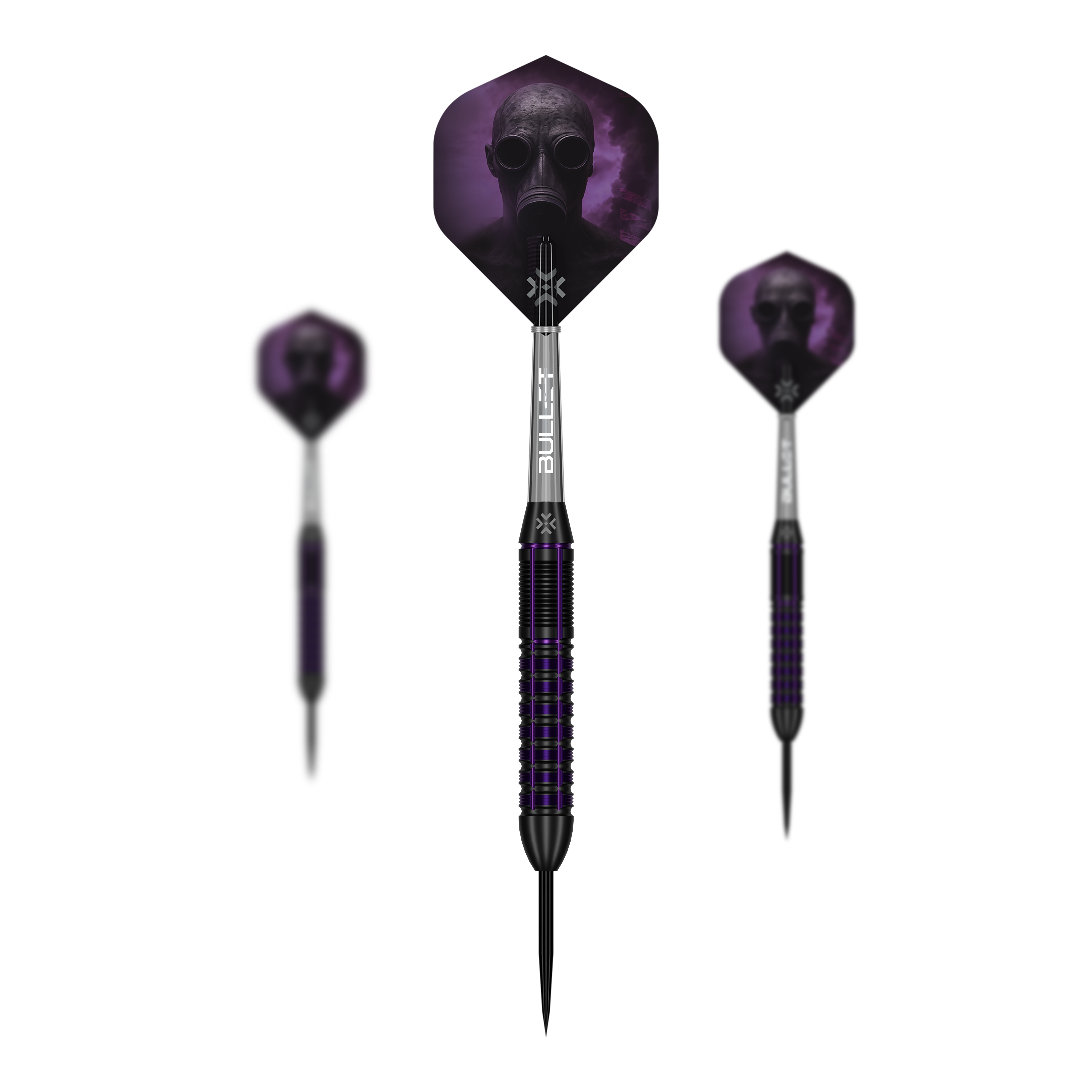 Das Bild zeigt das Set Bullet Toxic Brass Steeldarts - 23g. Das Set enthält mehrere Steeldart-Pfeile aus Messing.