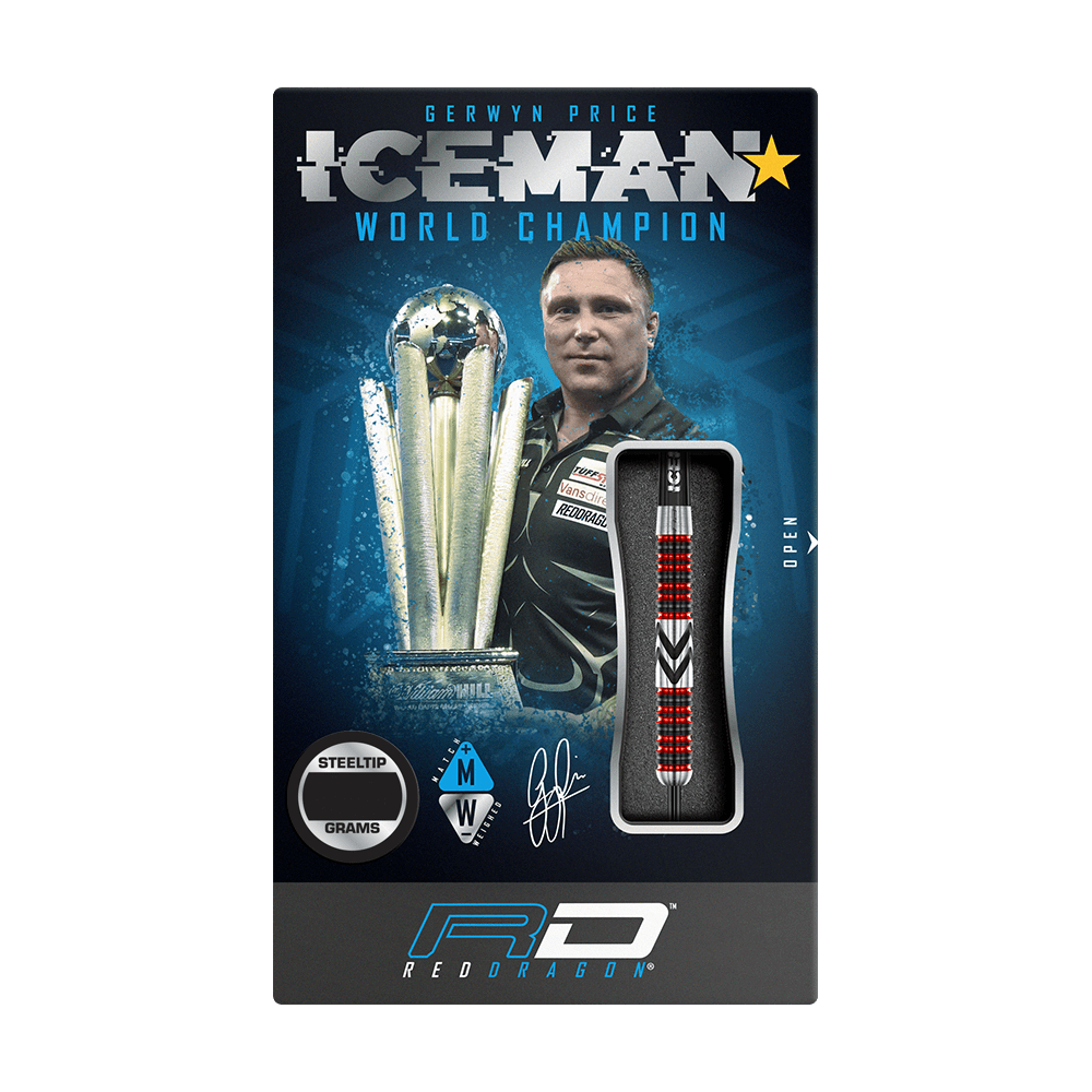 RD2567_Red_Dragon_Gerwyn_Price_Firebird_Steeldarts_3 Das Bild zeigt die Verpackung der "Red Dragon Gerwyn Price Firebird Steeldarts". Auf der Verpackung sind ein Dartpfeil, ein Pokal und ein Porträt von Gerwyn Price abgebildet.