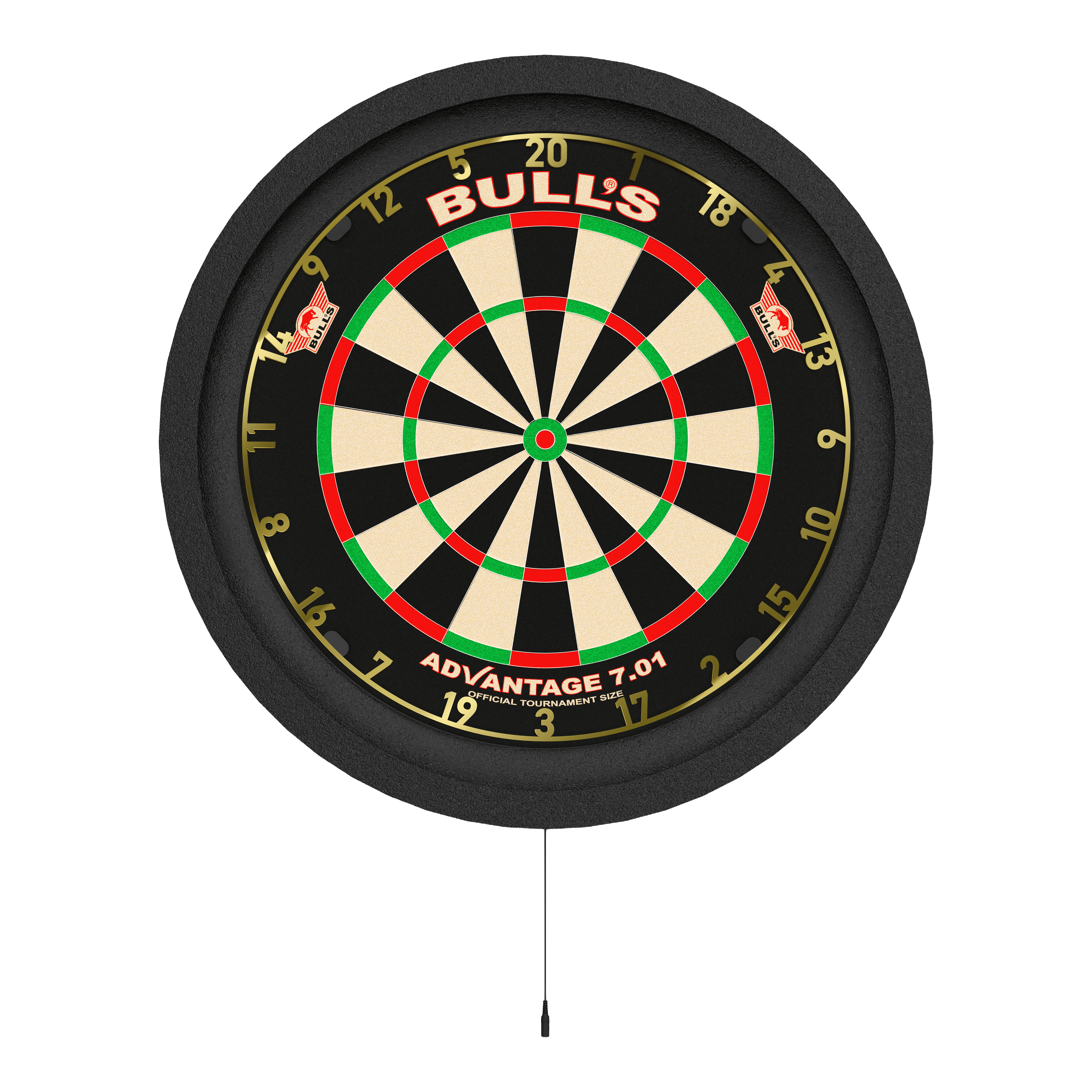 Bulls NL Lumo 2 Light Surround Lighting System Das Bild zeigt eine Dartscheibe mit einer runden, beleuchteten Umrandung. Es handelt sich um das Produkt „Bulls NL Lumo 2 Light Surround Beleuchtungssystem“.