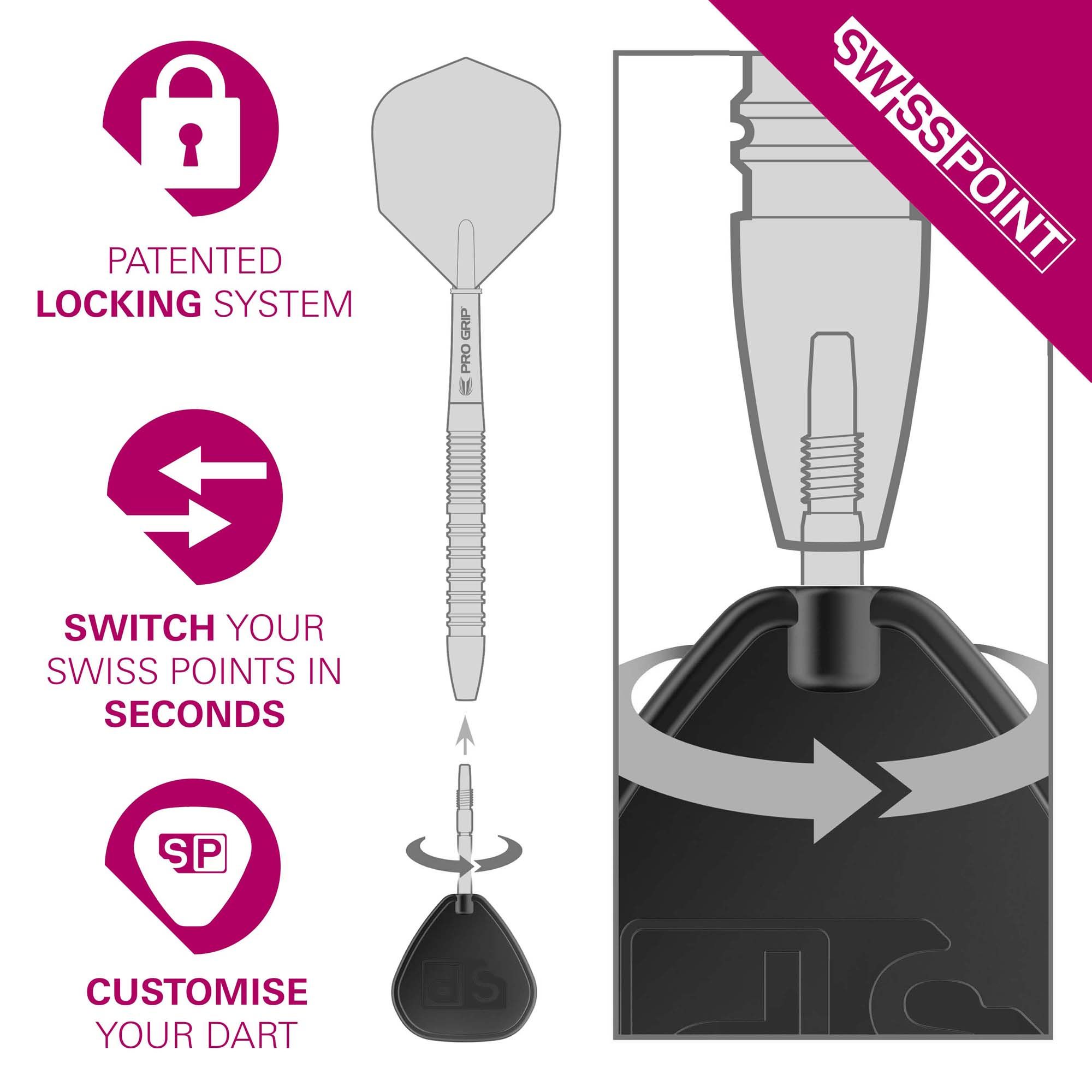 Target Japan Premium Swiss Point Steel Dart Tips - Black Abgebildet ist das Produkt Target Japan Premium Swiss Point Steldartspitzen - Schwarz. Es handelt sich um schwarze Steeldartspitzen in Japan-Premium-Qualität.