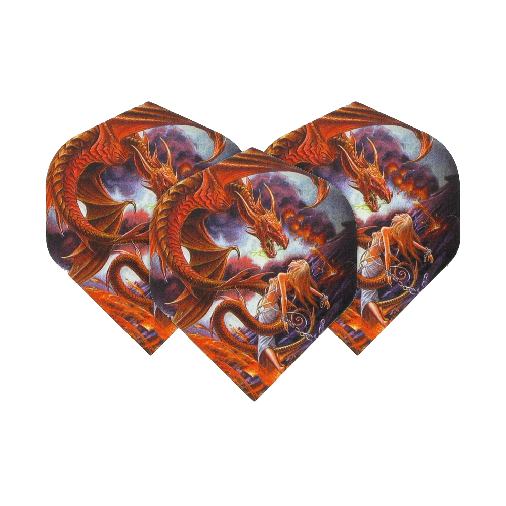 Das Bild zeigt drei Dart-Flights mit einem fantasievollen Drachenmotiv. Auf den Flights ist ein roter Drache über einer Frau und feuriger Landschaft abgebildet.