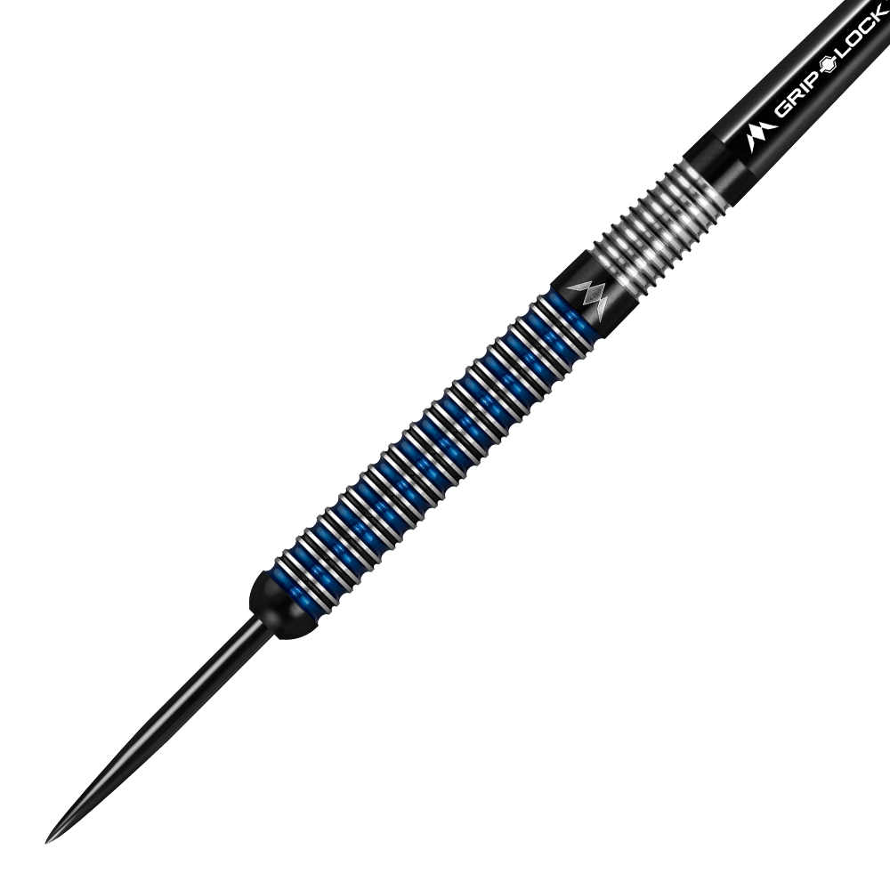 Mission Nightfall Model 1 steel darts Das Bild zeigt einen Mission Nightfall Model 1 Steeldart. Der Dart hat ein modernes Design mit silbernen und blauen Ringen am Barrel.